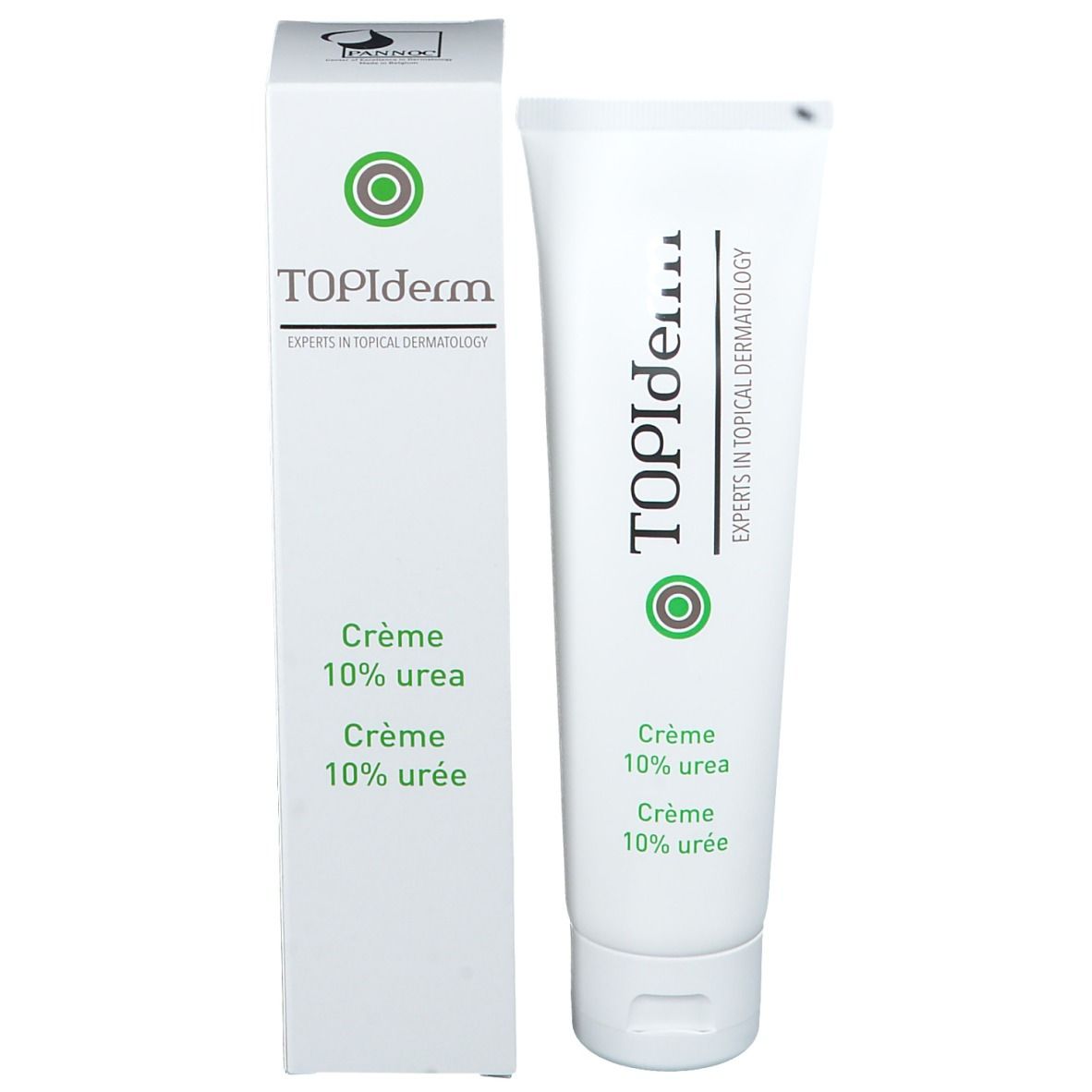 Tube et boîte TOPIderm Crème 10% urée. Blanc, logo vert. Crème 10% urée. Experts en dermatologie.