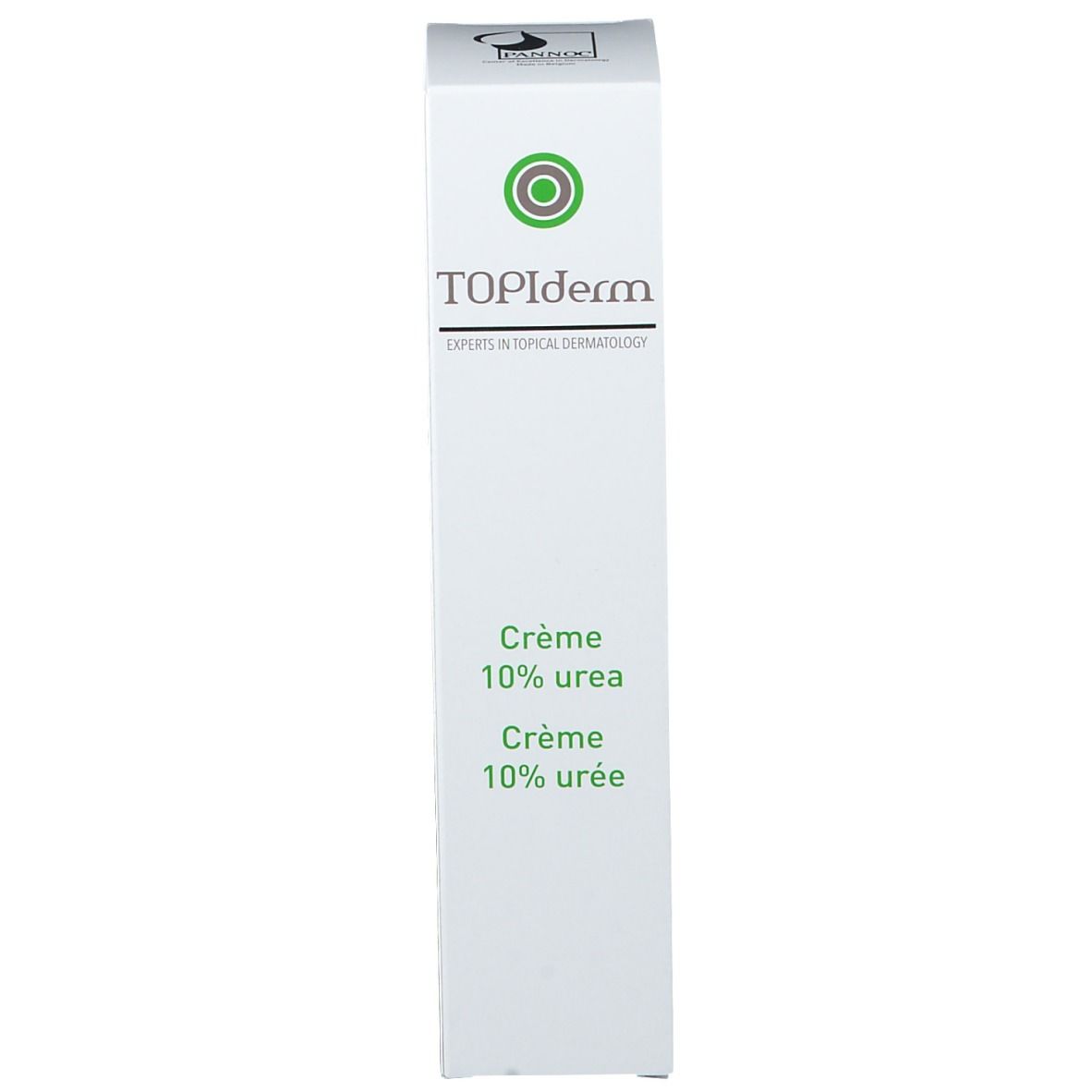 Boîte blanche TOPIderm. Crème 10% urée. Logo vert. Experts en dermatologie.