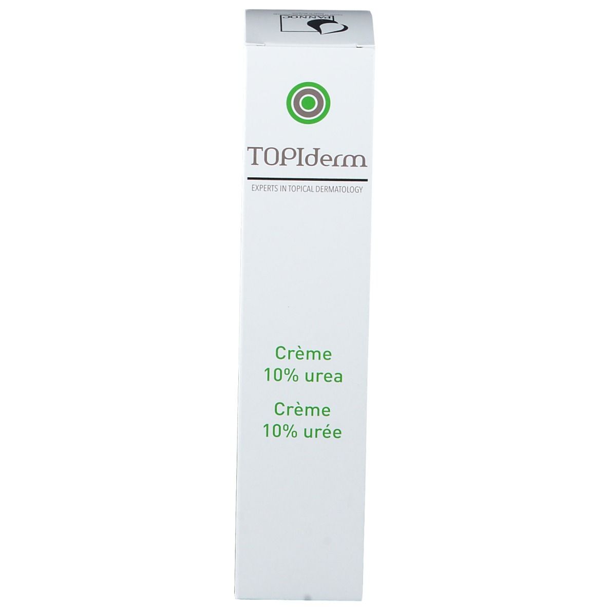 Boîte blanche TOPIderm. Crème 10% urée. Logo vert. Experts en dermatologie.