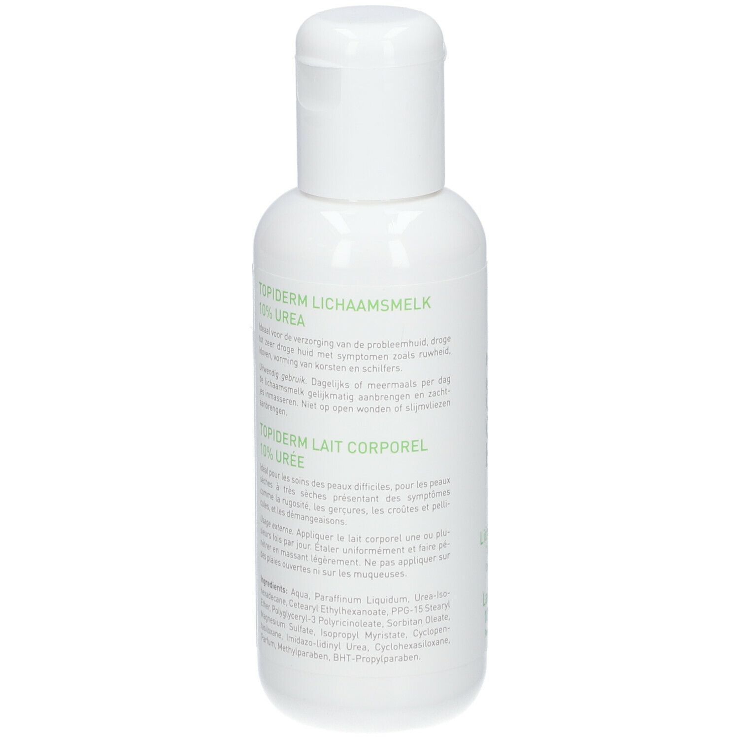 Flacon blanc avec texte. Inscription : TOPIderm, 10% urée. Ingrédients et instructions d'utilisation.