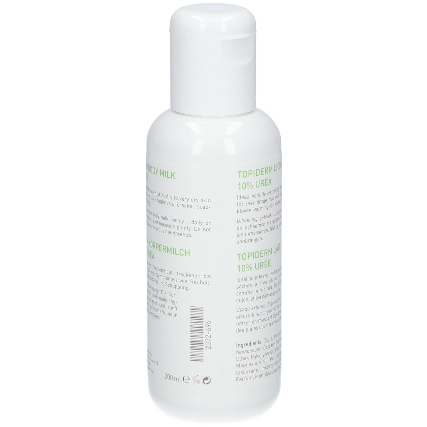 Flacon blanc avec texte. Inscription : TOPIderm, 10% urée. Dos avec ingrédients et volume.