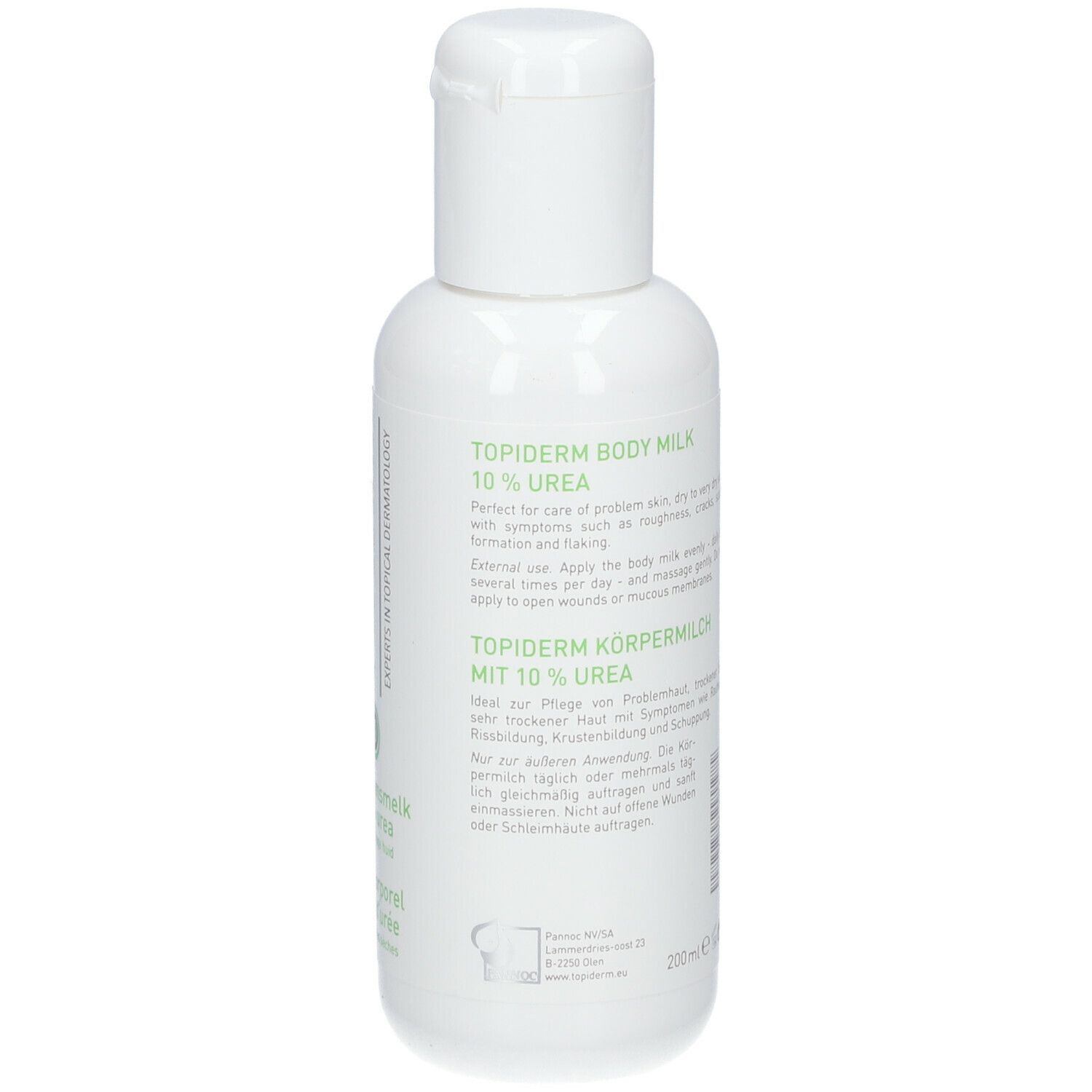 Flacon blanc avec texte. Inscription : TOPIderm, 10% urée. Face avant avec instructions d'utilisation.
