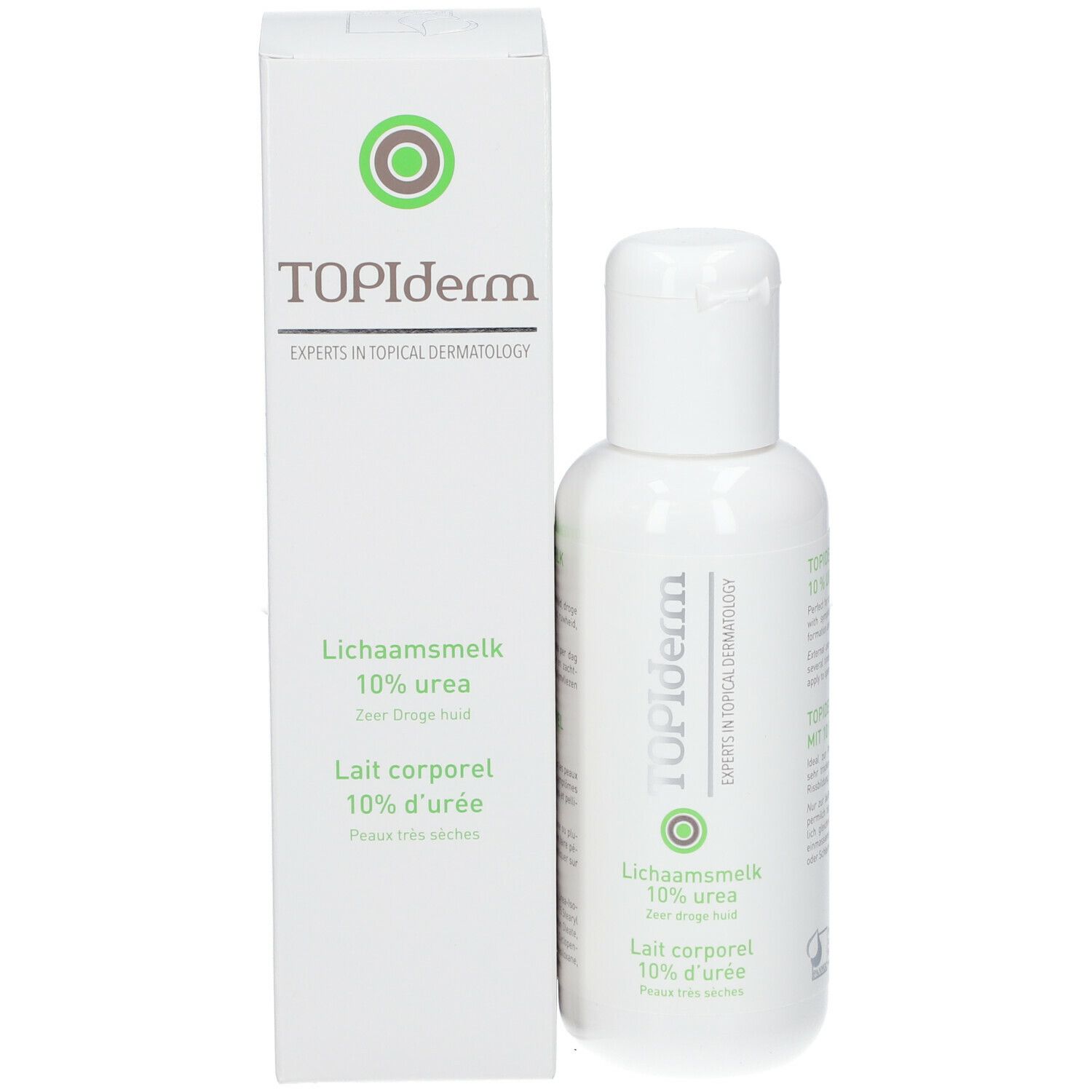 Flacon et emballage du produit. Inscription : TOPIderm, 10% urée. Étiquetage vert et blanc.