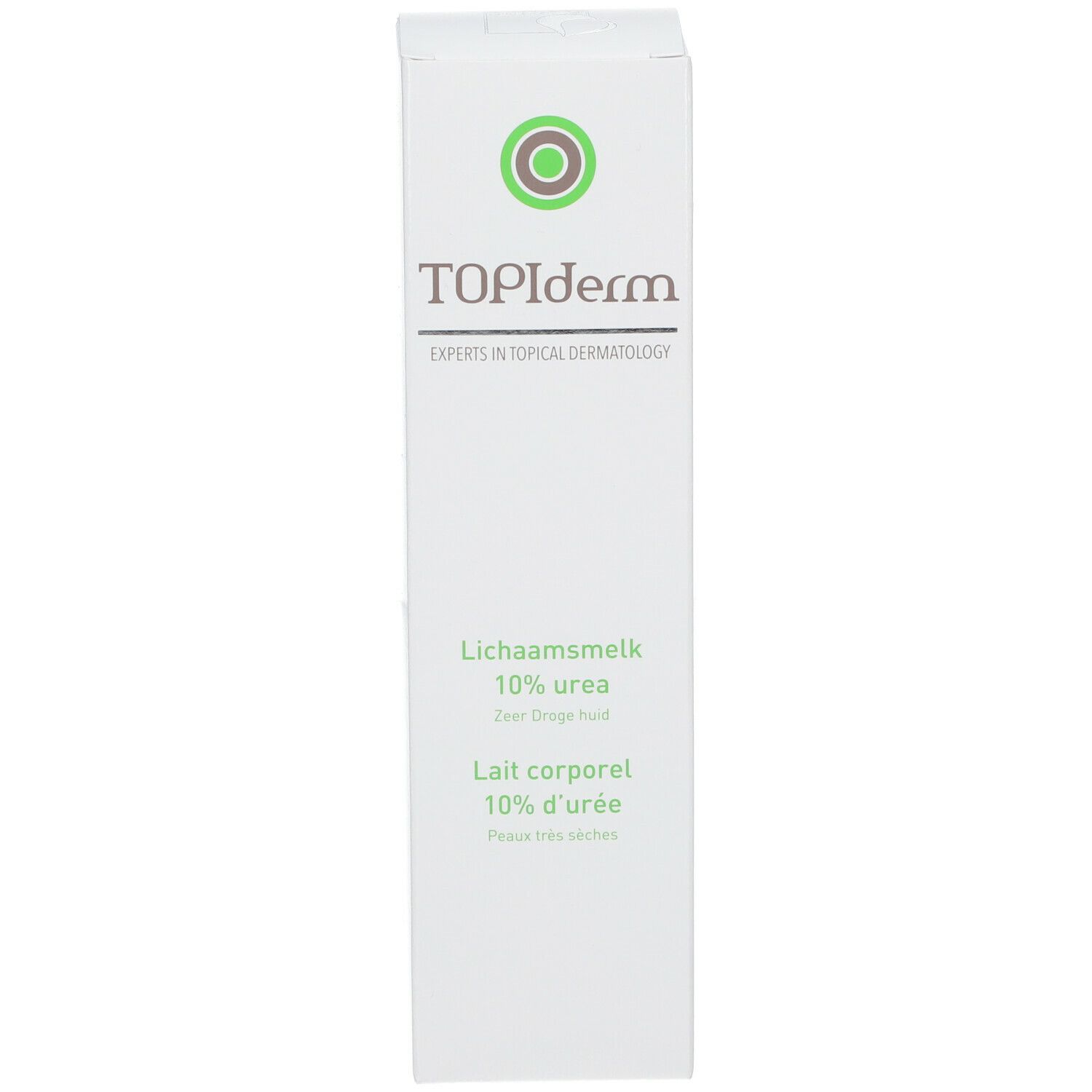 Emballage du produit. Inscription : TOPIderm, 10% urée. Étiquetage vert et blanc.