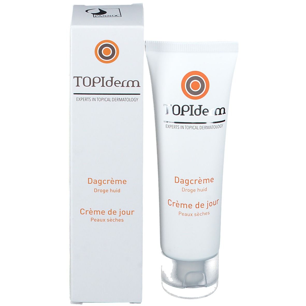 Tube et boîte blancs avec logo orange et texte TOPIderm. Inscription: Dagcrème, Crème de jour. Bouchon transparent.