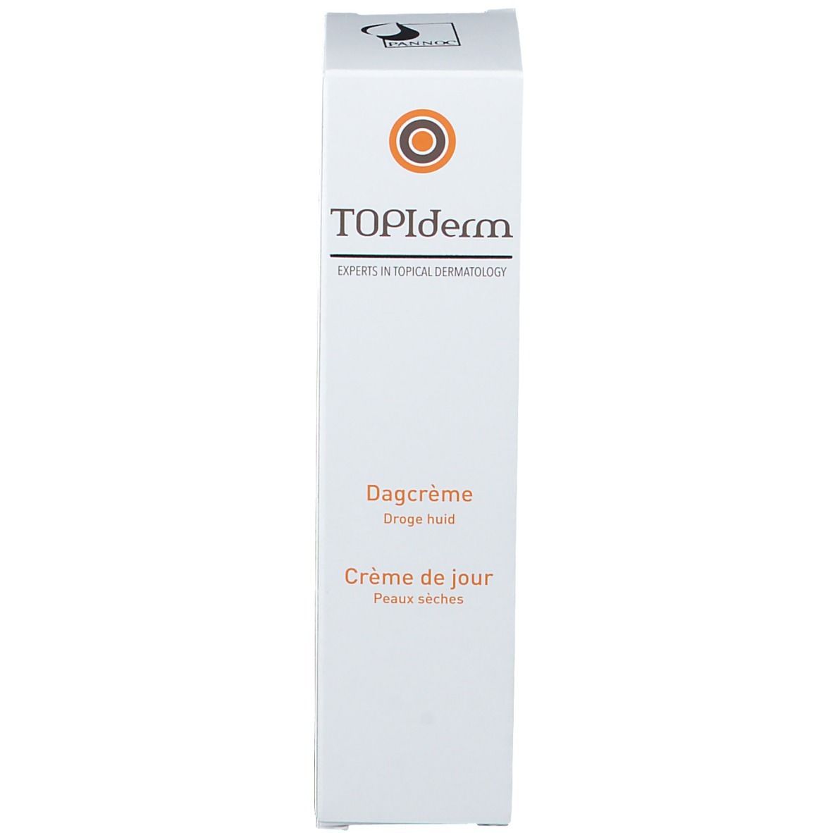 Boîte blanche avec logo orange et texte TOPIderm. Inscription: Dagcrème, Crème de jour. Texte en plusieurs langues.