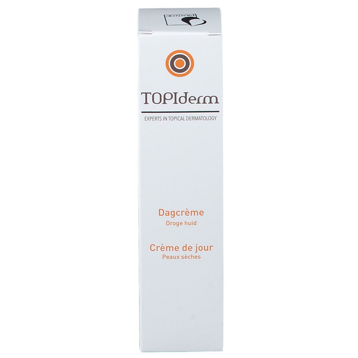 Boîte blanche avec logo orange et texte TOPIderm. Inscription: Dagcrème, Crème de jour. Texte en plusieurs langues.