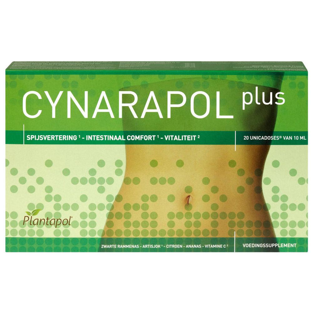 Boîte verte avec logo "CYNARAPOL plus". Texte: Digestion, confort intestinal, vitalité. 20 unidoses. Logo Plantapol.