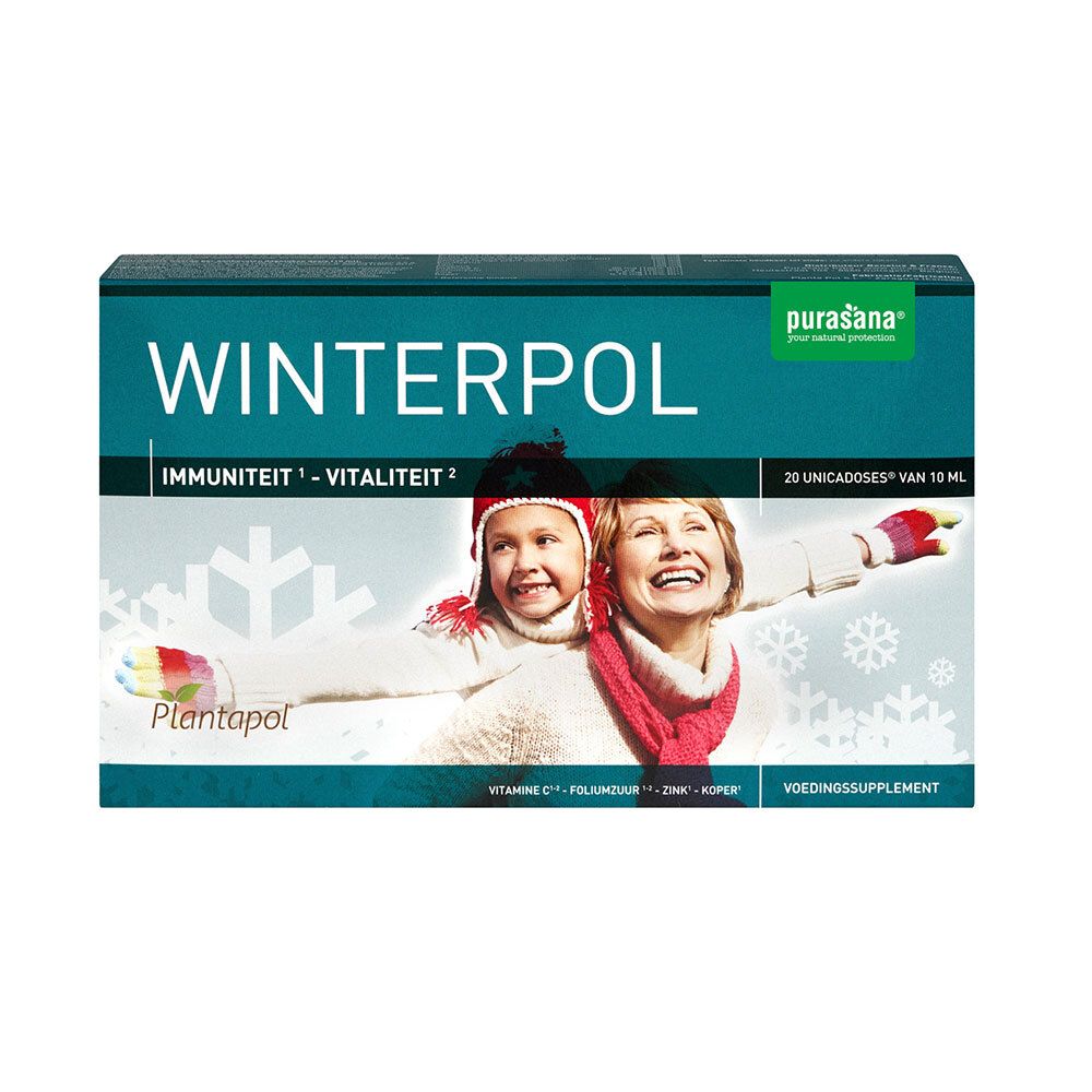 Verpakking van Winterpol. Bevat 20 unidoses. Afbeelding van kind en vrouw op de verpakking.