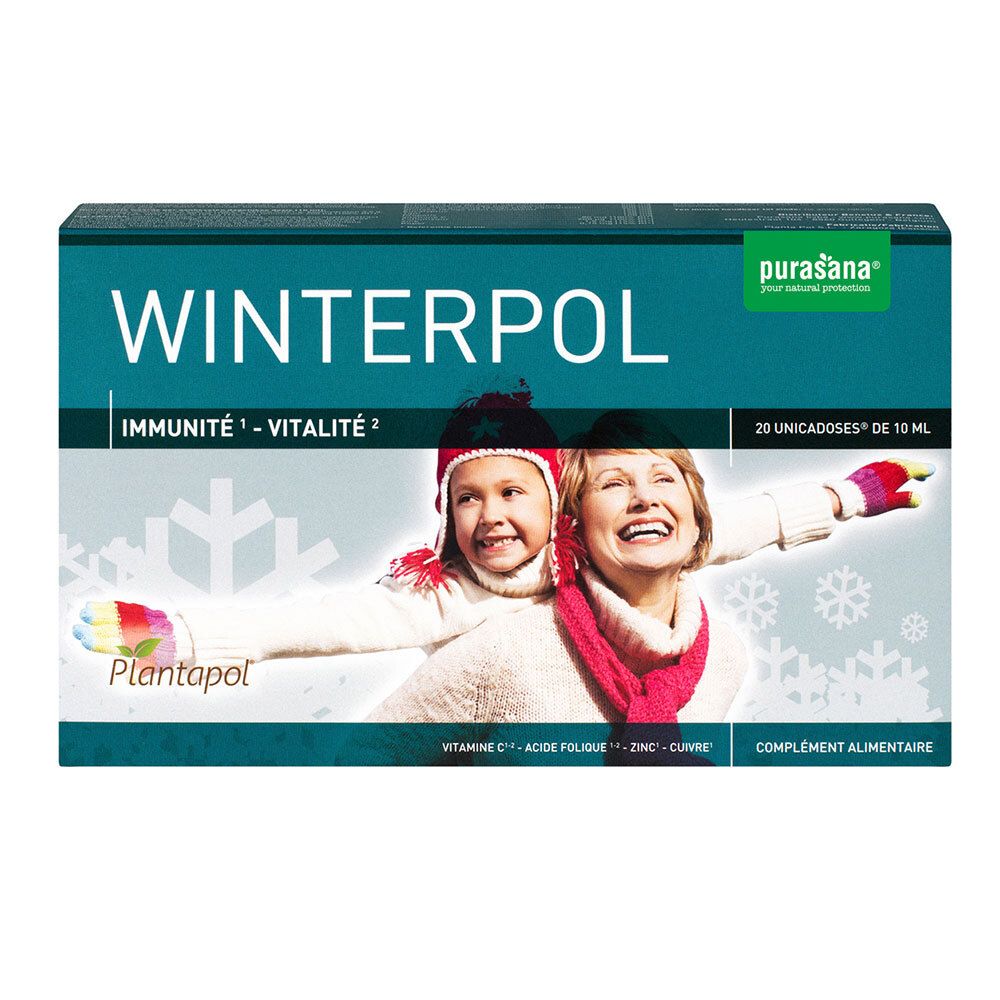 Verpakking van Winterpol. Bevat 20 unidoses. Afbeelding van kind en vrouw op de verpakking.