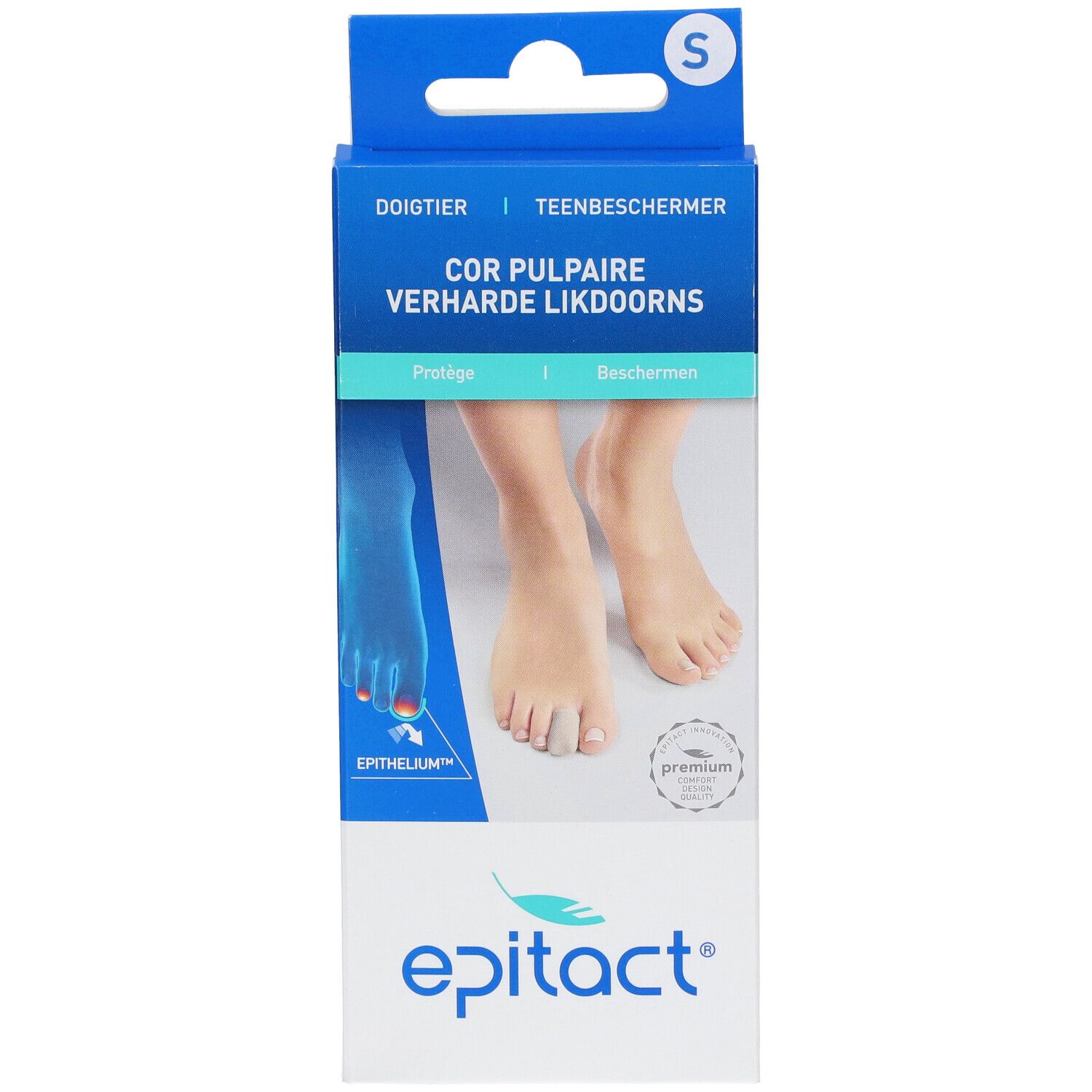 Emballage avec illustration du produit. Inscription : Epitact, Doigtier, Teenbeschermer, Cor Pulpaire, Verharde Likdoorns. Taille S.