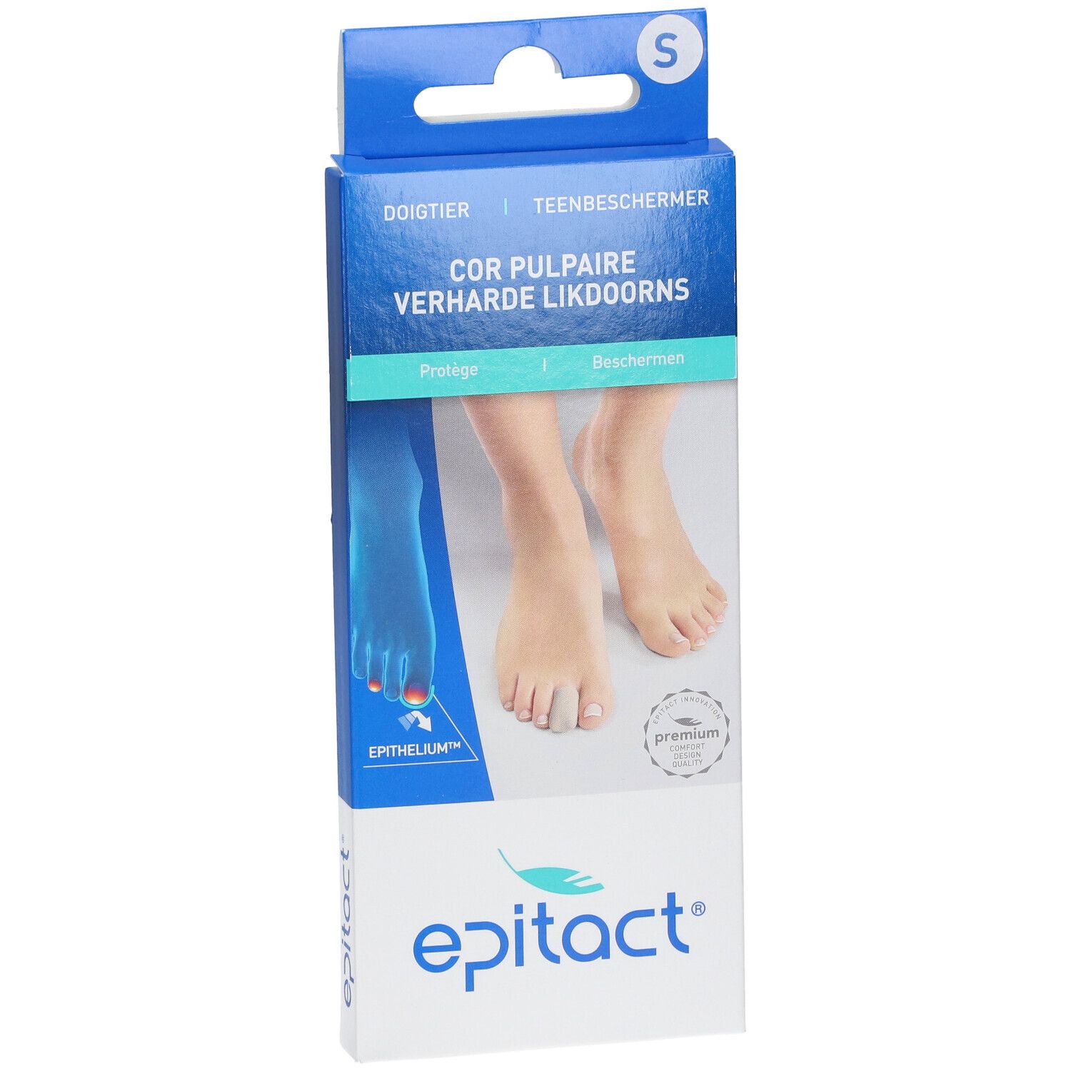 Emballage avec illustration du produit. Inscription : Epitact, Doigtier, Teenbeschermer, Cor Pulpaire, Verharde Likdoorns. Taille S.