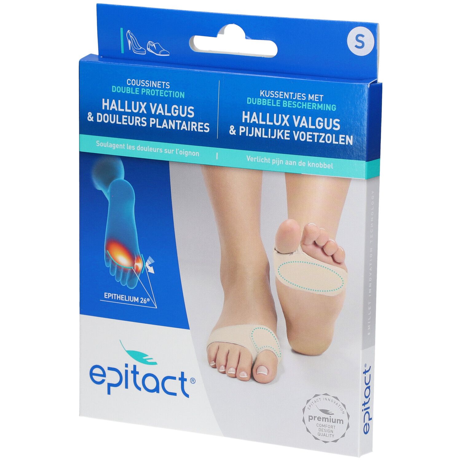 Boîte Epitact Hallux Valgus. Taille S. Inscriptions : Hallux Valgus & douleurs plantaires, Epithelium 26, Premium.