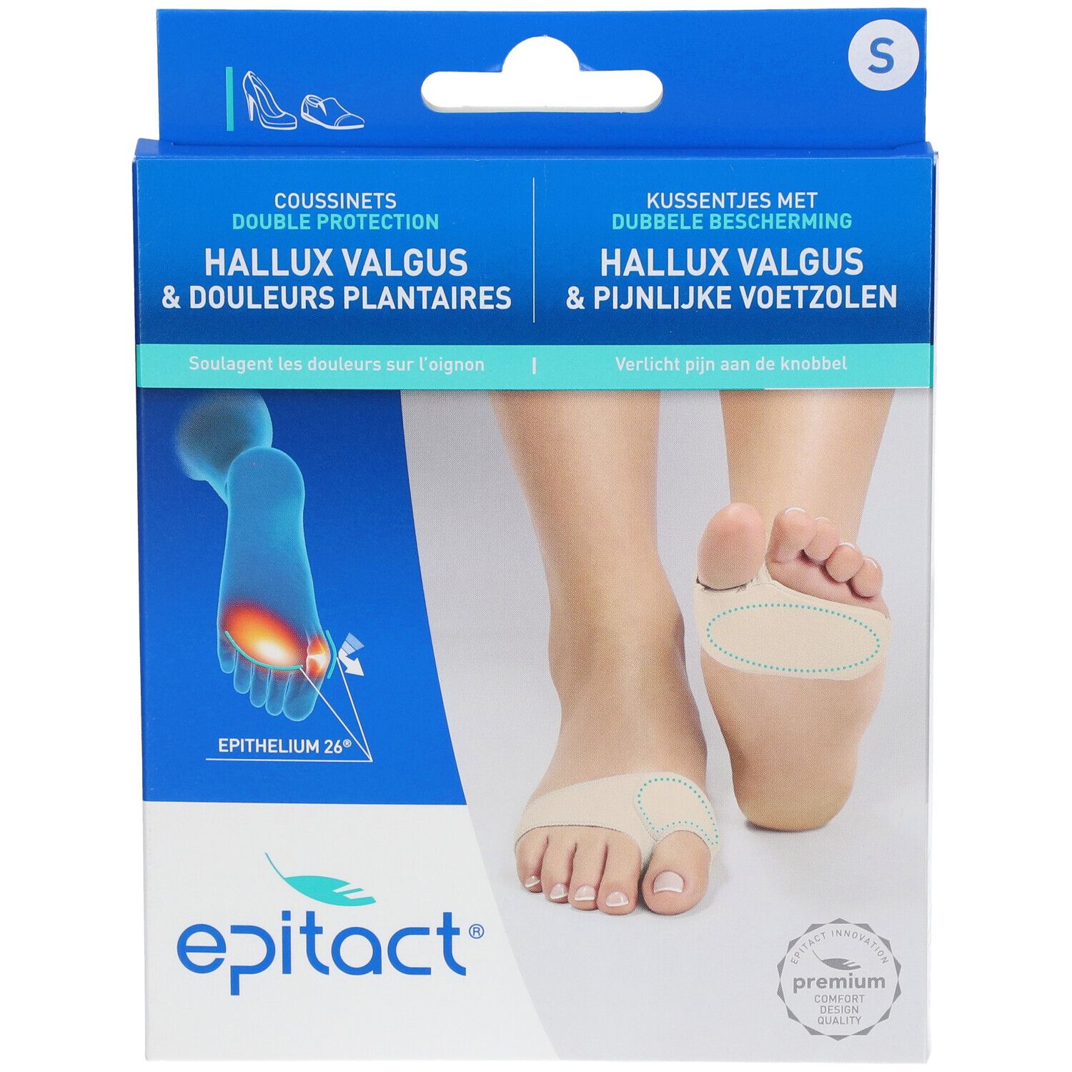 Boîte Epitact Hallux Valgus. Taille S. Inscriptions : Hallux Valgus & douleurs plantaires, Epithelium 26, Premium.