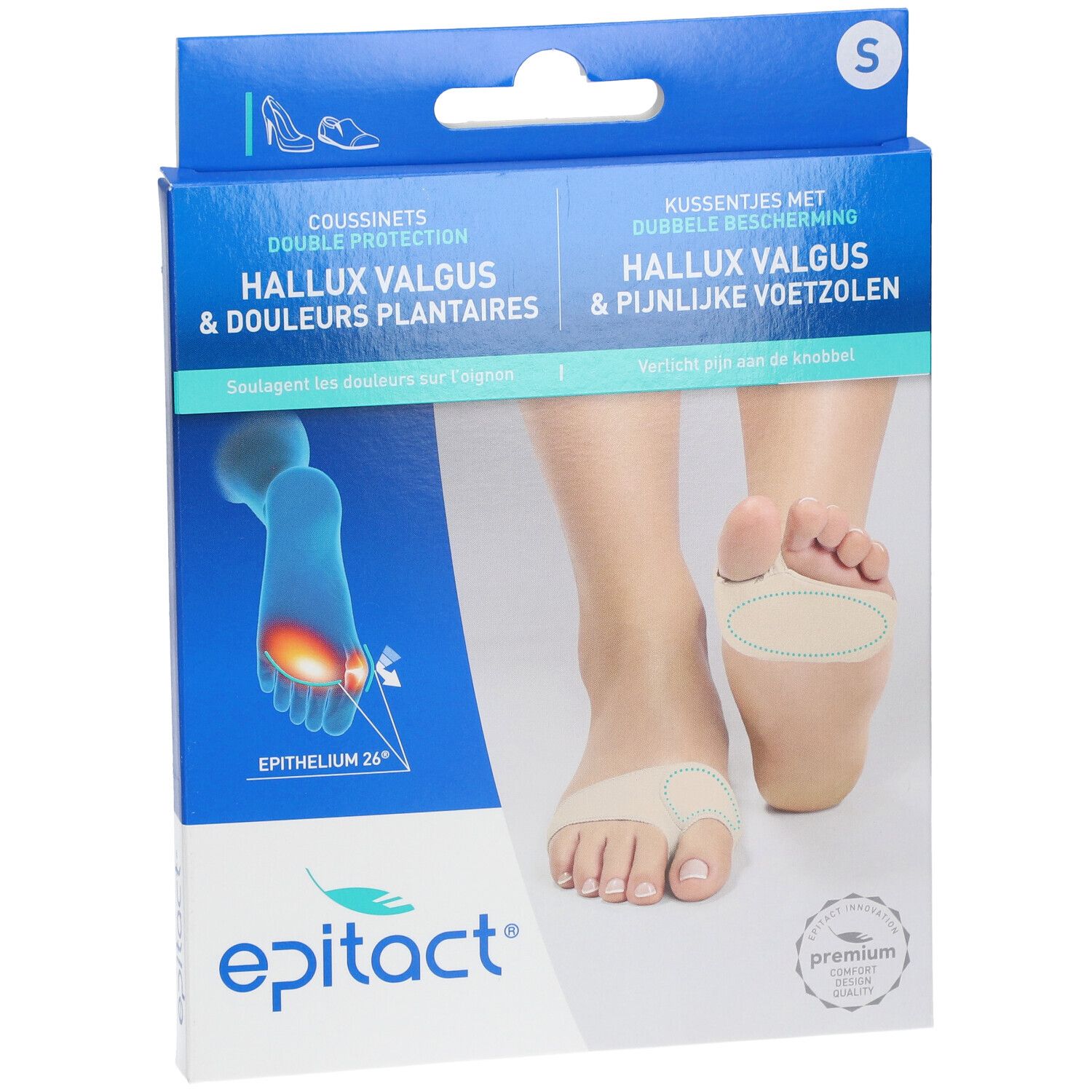 Boîte Epitact Hallux Valgus. Taille S. Inscriptions : Hallux Valgus & douleurs plantaires, Epithelium 26, Premium.