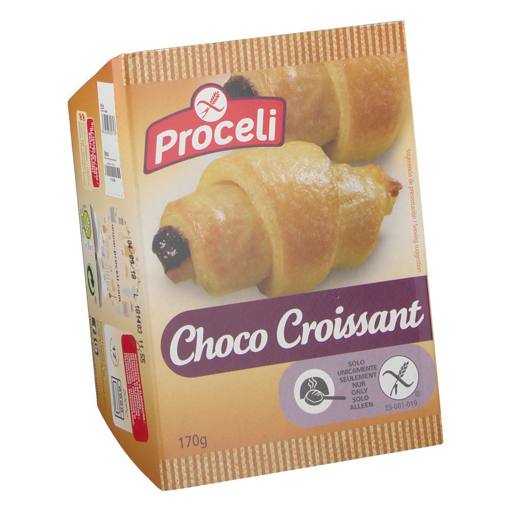 Paquet de Proceli Croissant Chocolat. Visible: logo, nom du produit, symbole sans gluten, 170g. Montre: croissants.