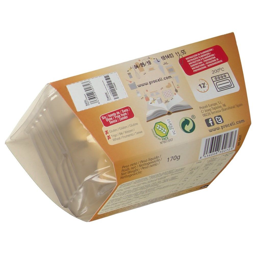 Dos de l'emballage Proceli Croissant Chocolat. Visible: logo, 170g, symbole sans gluten, instructions de cuisson.