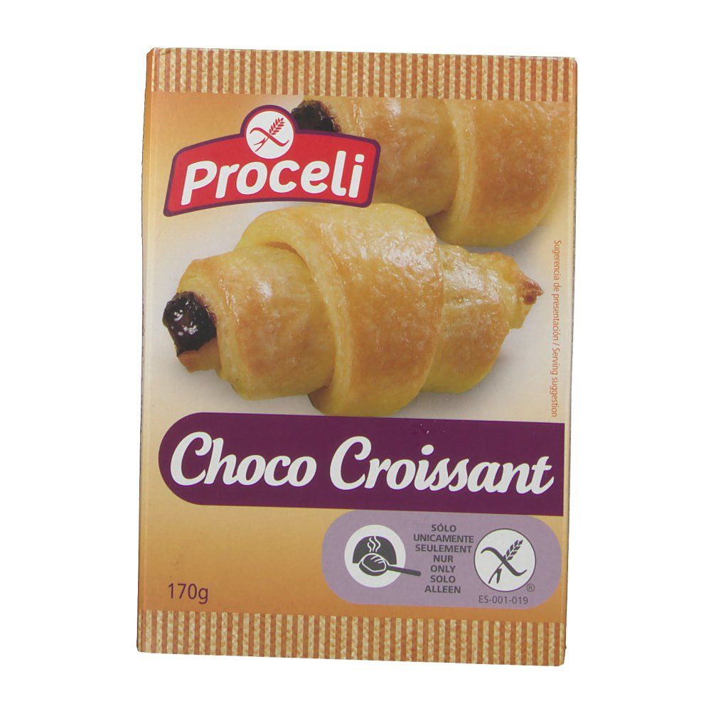 Emballage de Proceli Croissant Chocolat. Visible: logo, nom du produit, symbole sans gluten, 170g. Montre: croissants.