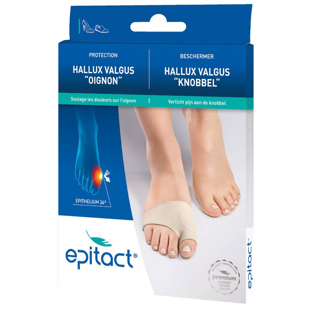 Verpackung mit Hallux Valgus Schutz. Aufdrucke: epitact®, HALLUX VALGUS, EPITHELIUM 26®. Abbildung eines Fußes mit Schutz.