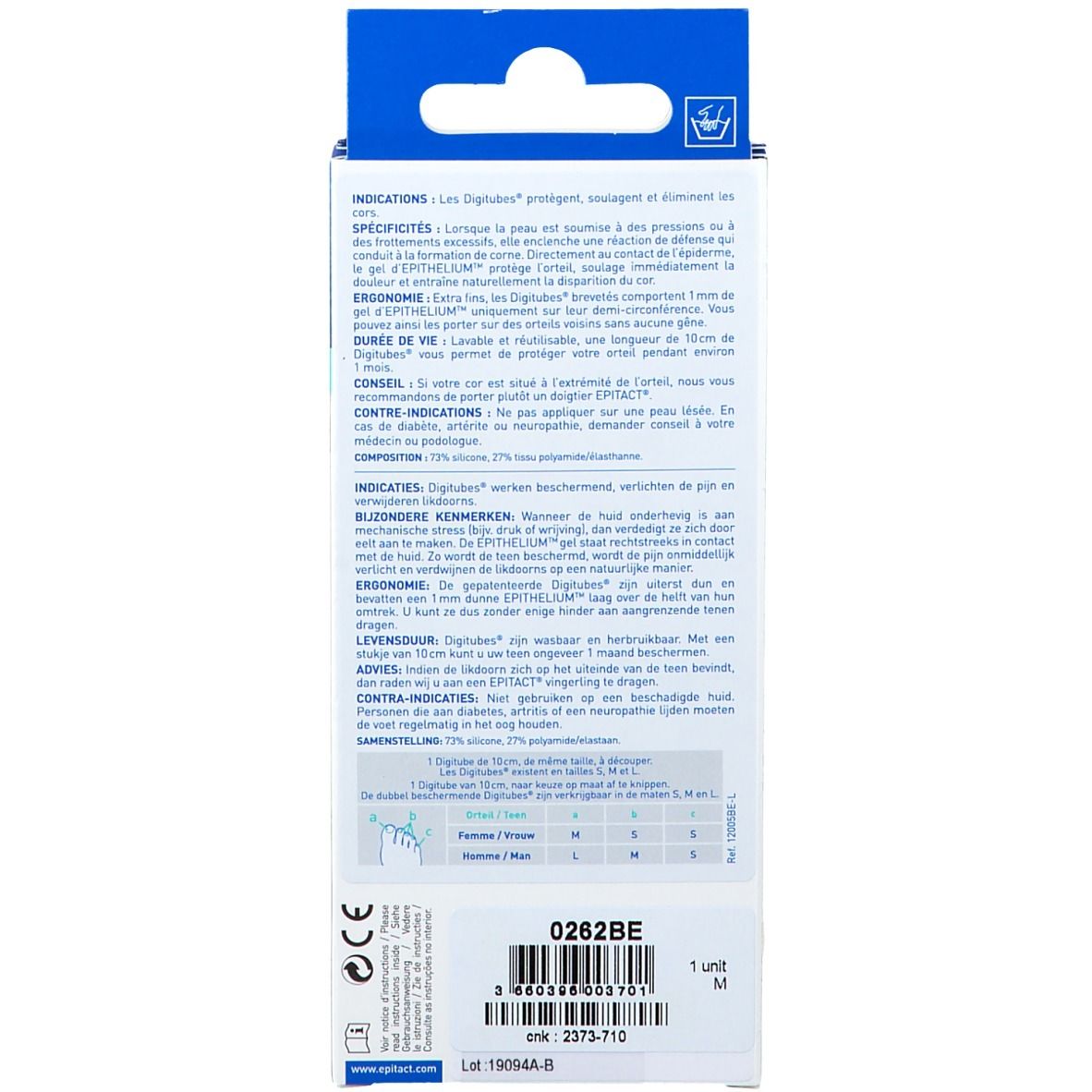 Rückseite der Epitact Digitubes Verpackung. Text in Deutsch, Französisch und Niederländisch. Enthält Informationen zum Produkt.