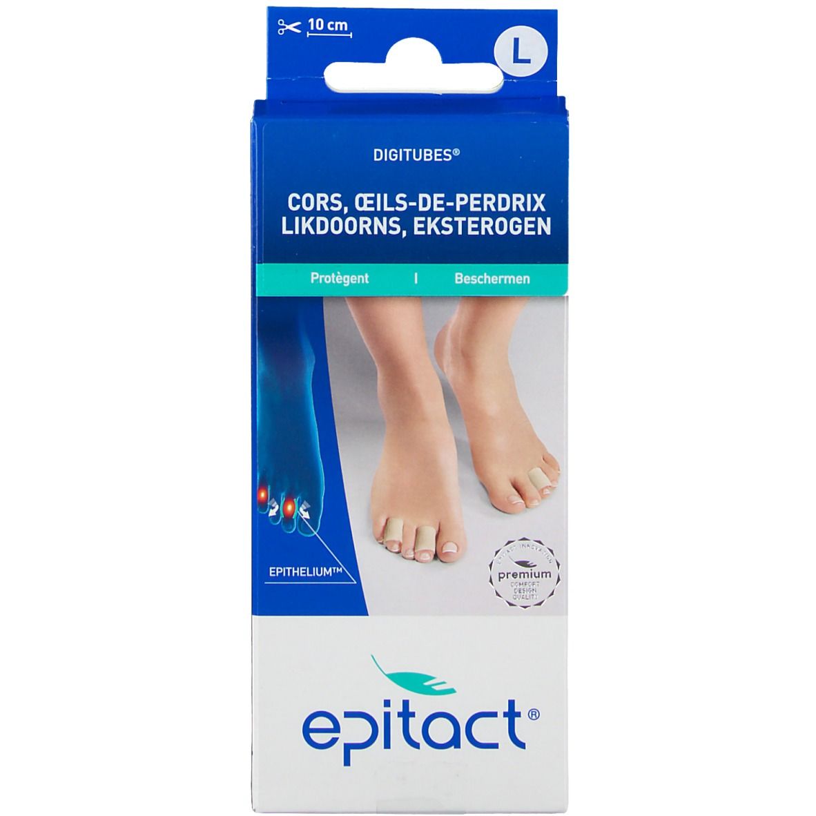 Boîte Epitact Digitubes. Emballage bleu avec image du produit et taille L. En haut : échelle de 10 cm.