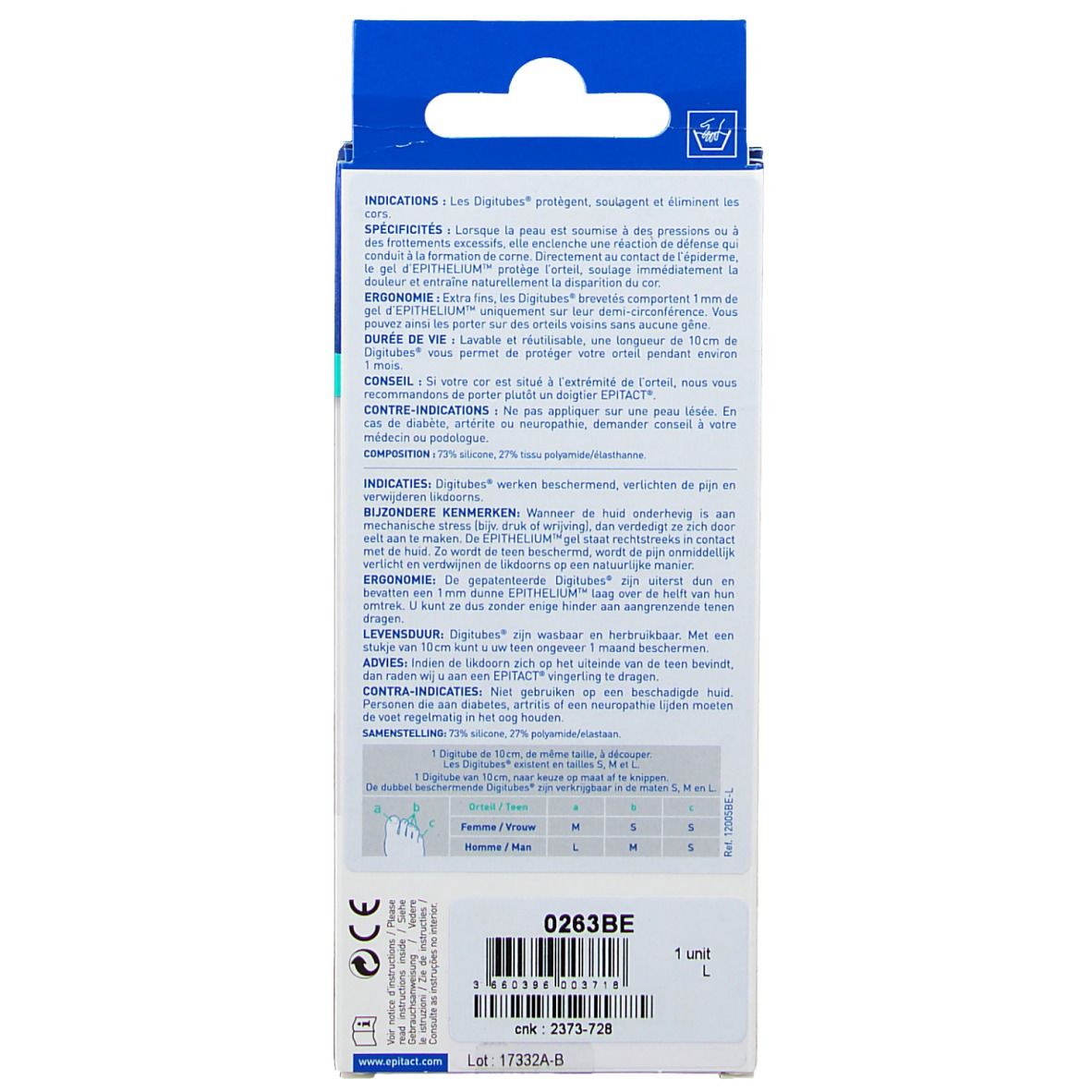 Dos de l'emballage Epitact Digitubes. Texte multilingue. Informations de taille et code-barres en bas.