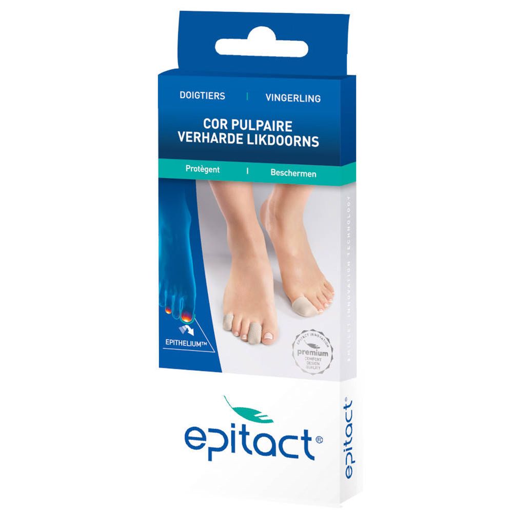 Emballage Epitact Doigtiers. Boîte bleue avec image du produit et texte. Pieds avec protection d'orteils.