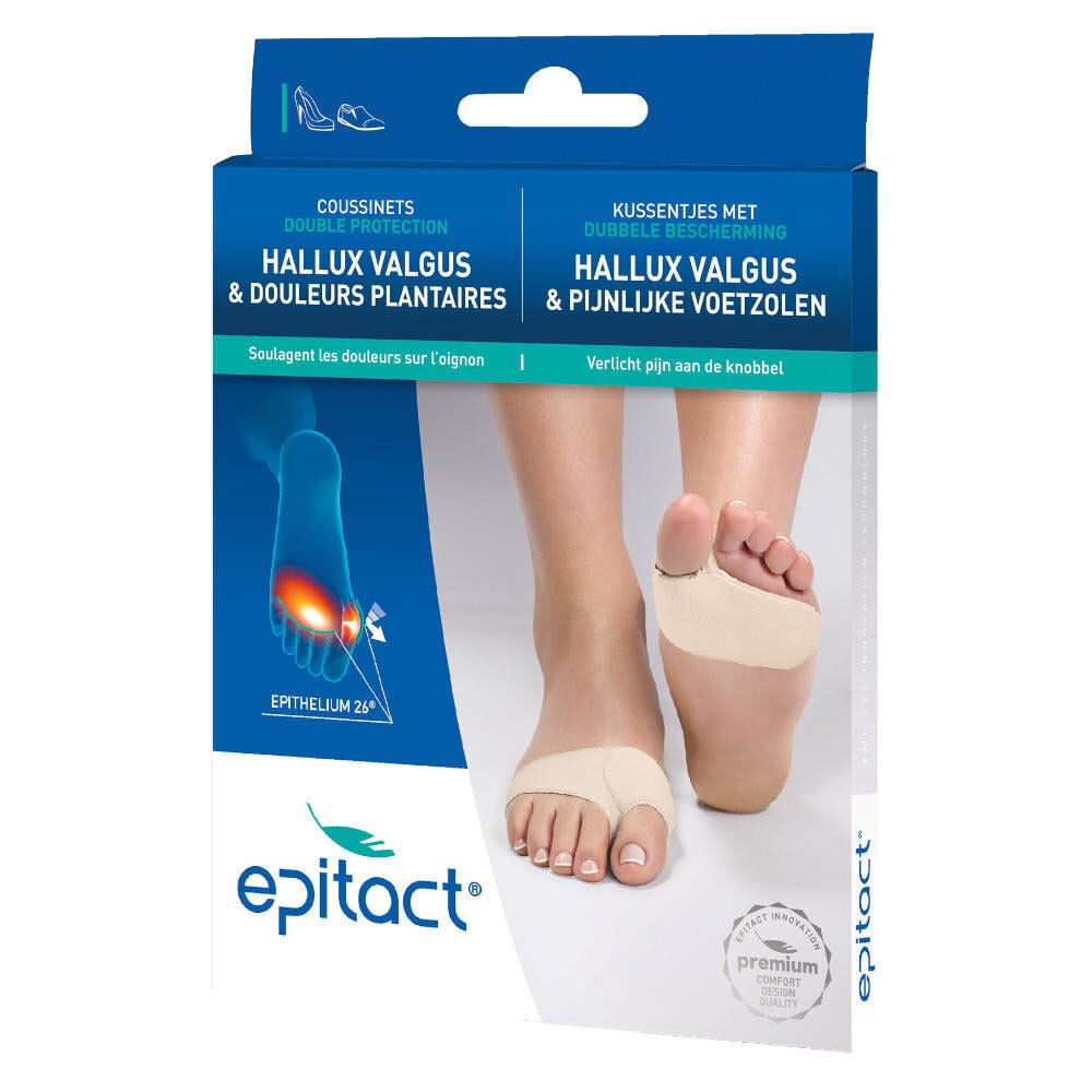 Verpackung mit Epitact Hallux Valgus Schutz. Produktabbildung mit Fuß und Produkt. Text: Epitact, Hallux Valgus & Schmerzen.