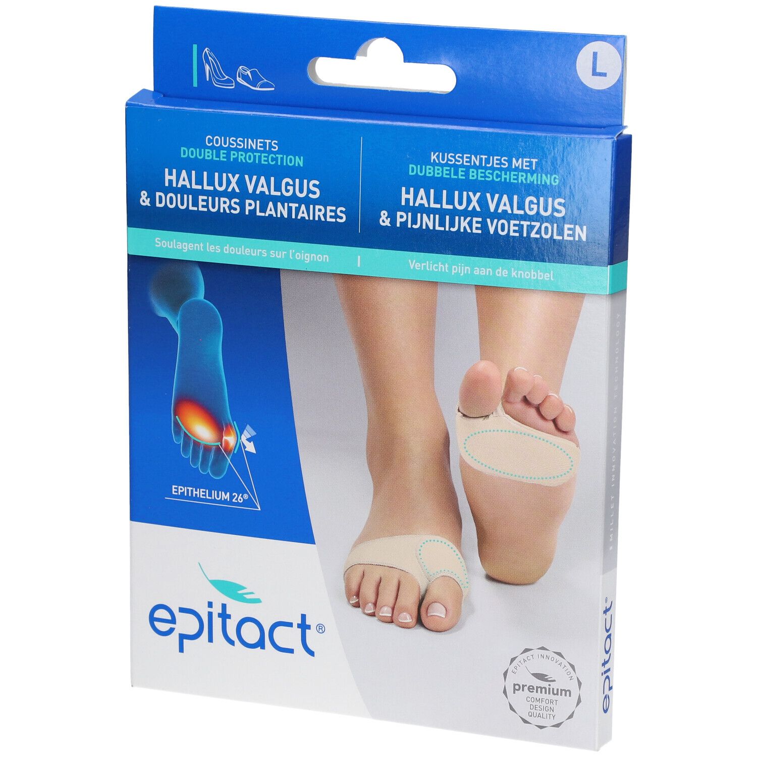Verpackung von Epitact Hallux Valgus Schutz Gr. L. Produktabbildung und Fuß mit Schutz. Text: Hallux Valgus & Schmerzen.