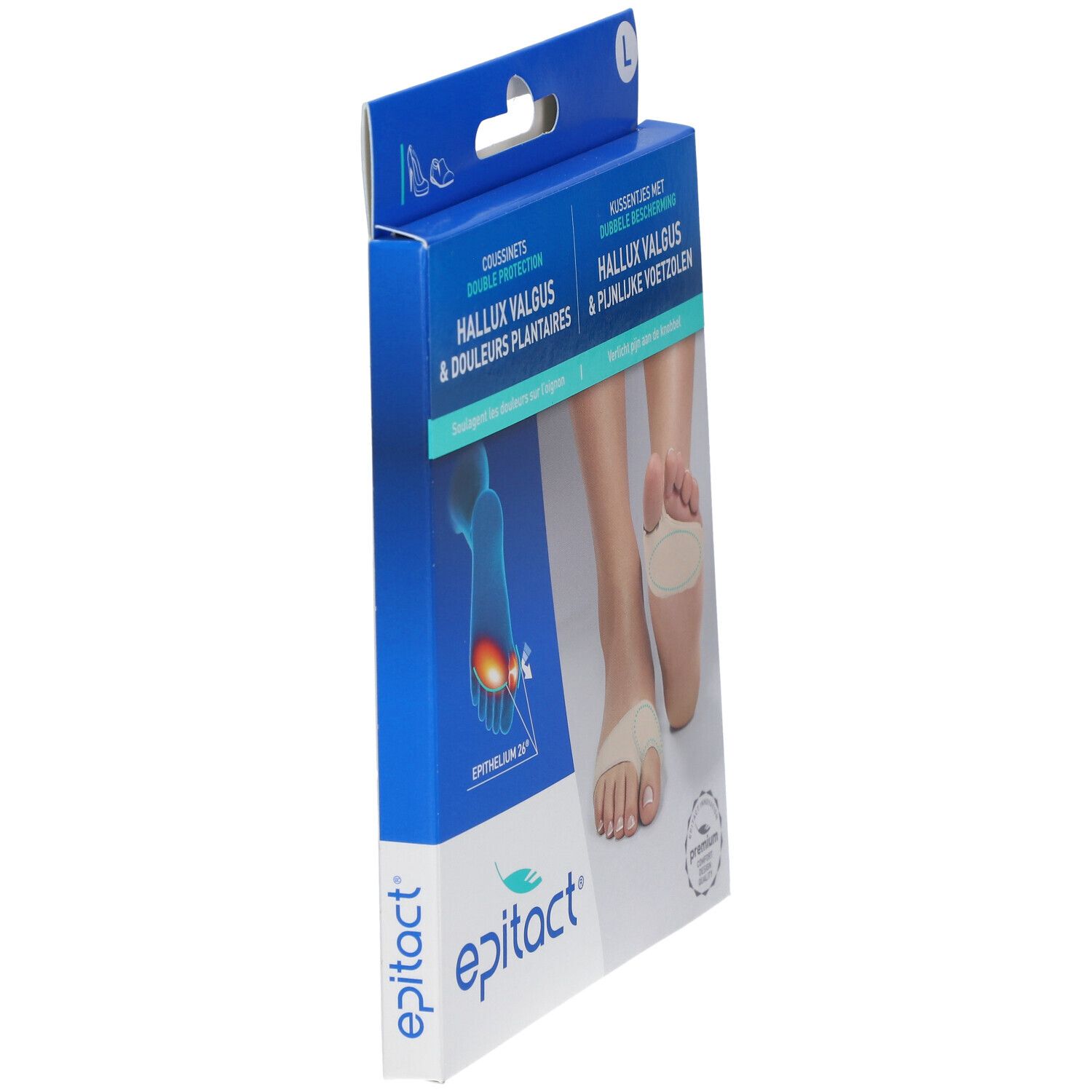Epitact Hallux Valgus Schutz Verpackung, Gr. L. Seitenansicht. Produktabbildung und Fuß mit Schutz. Text: Hallux Valgus & Schmerzen.