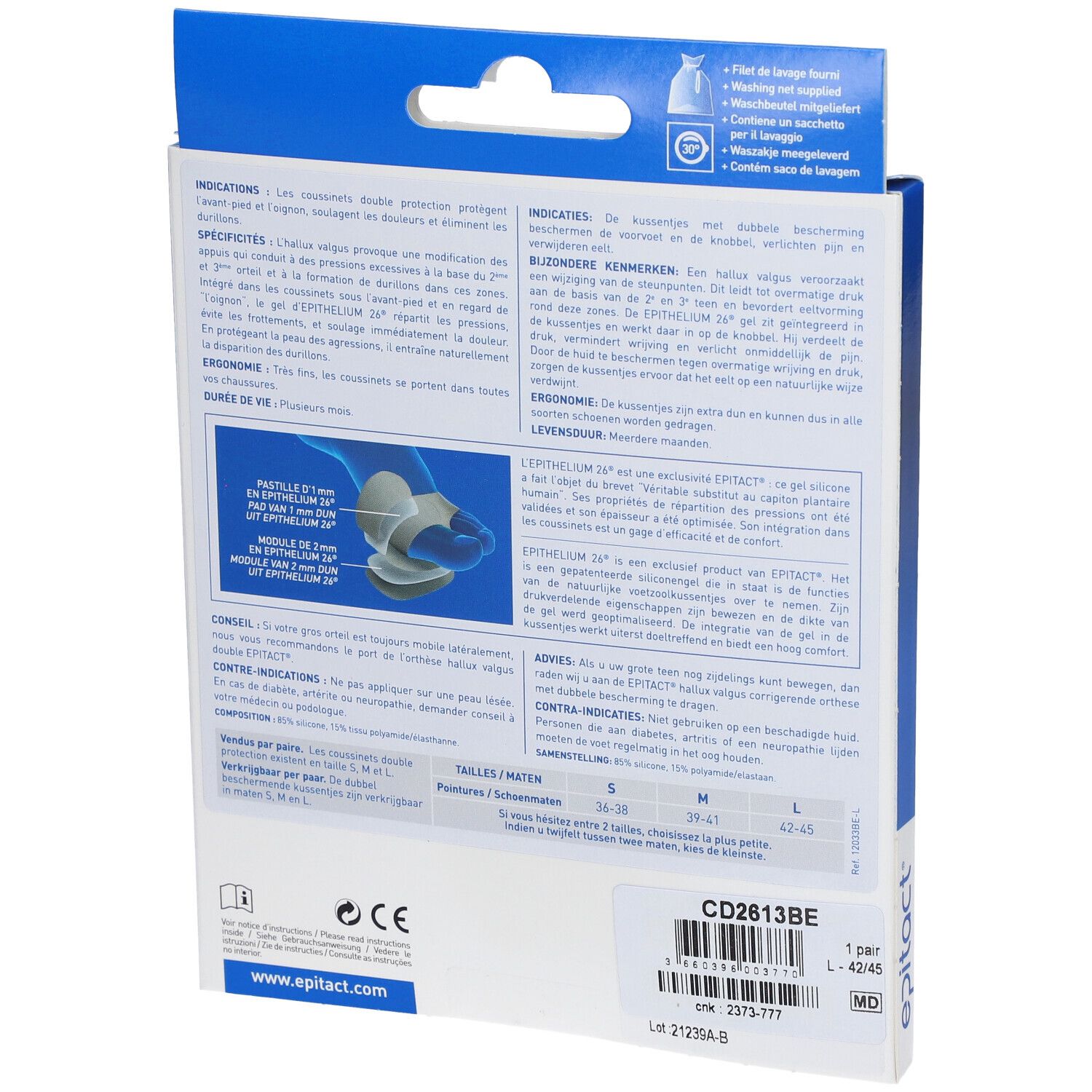 Rückseite der Epitact Hallux Valgus Schutz Verpackung. Produktinformationen, Größenangaben, und Zertifizierungen. Text in mehreren Sprachen.