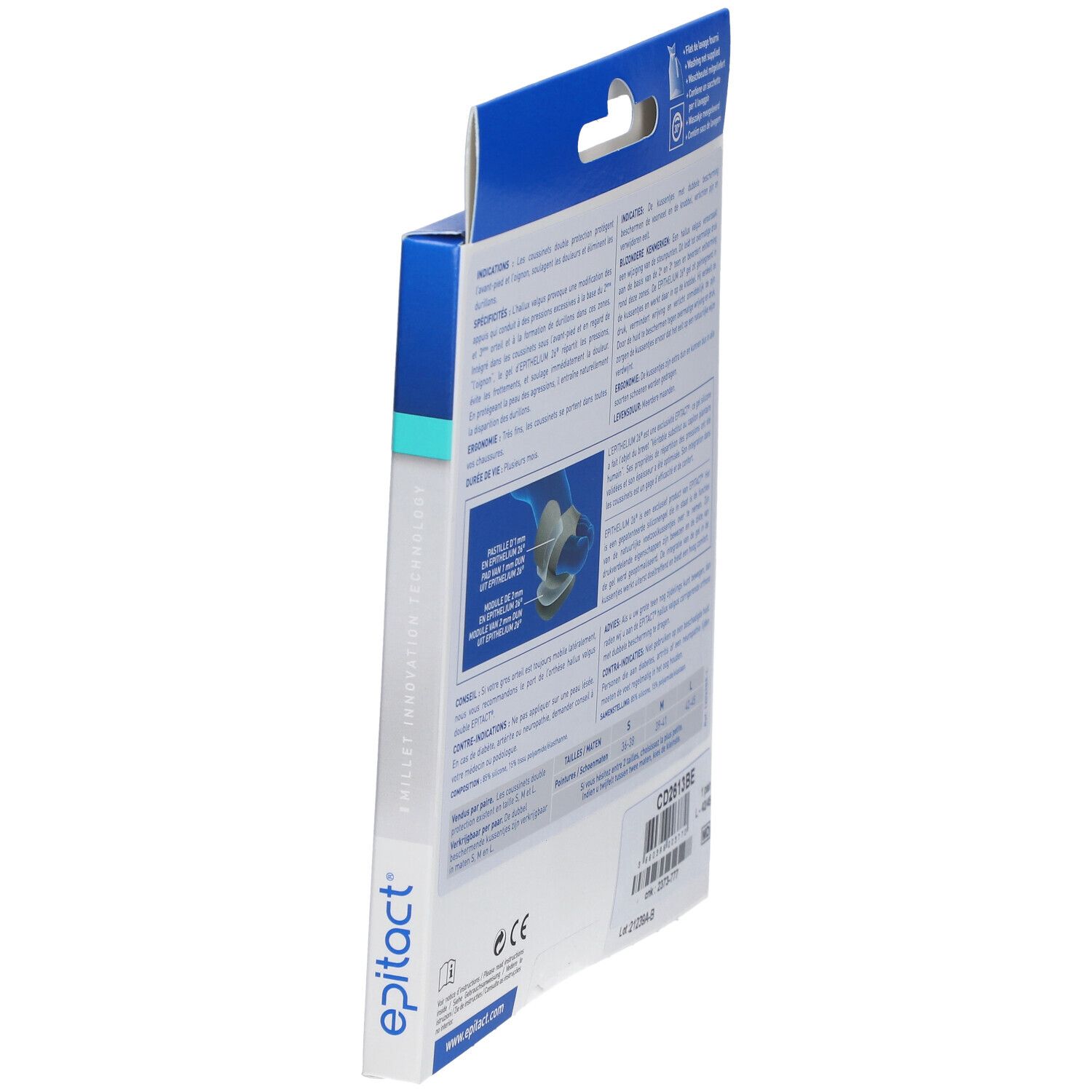 Epitact Hallux Valgus Schutz Verpackung, Rückseite, Detailansicht. Text und Produktinformationen. Größenangaben und Zertifizierungen.