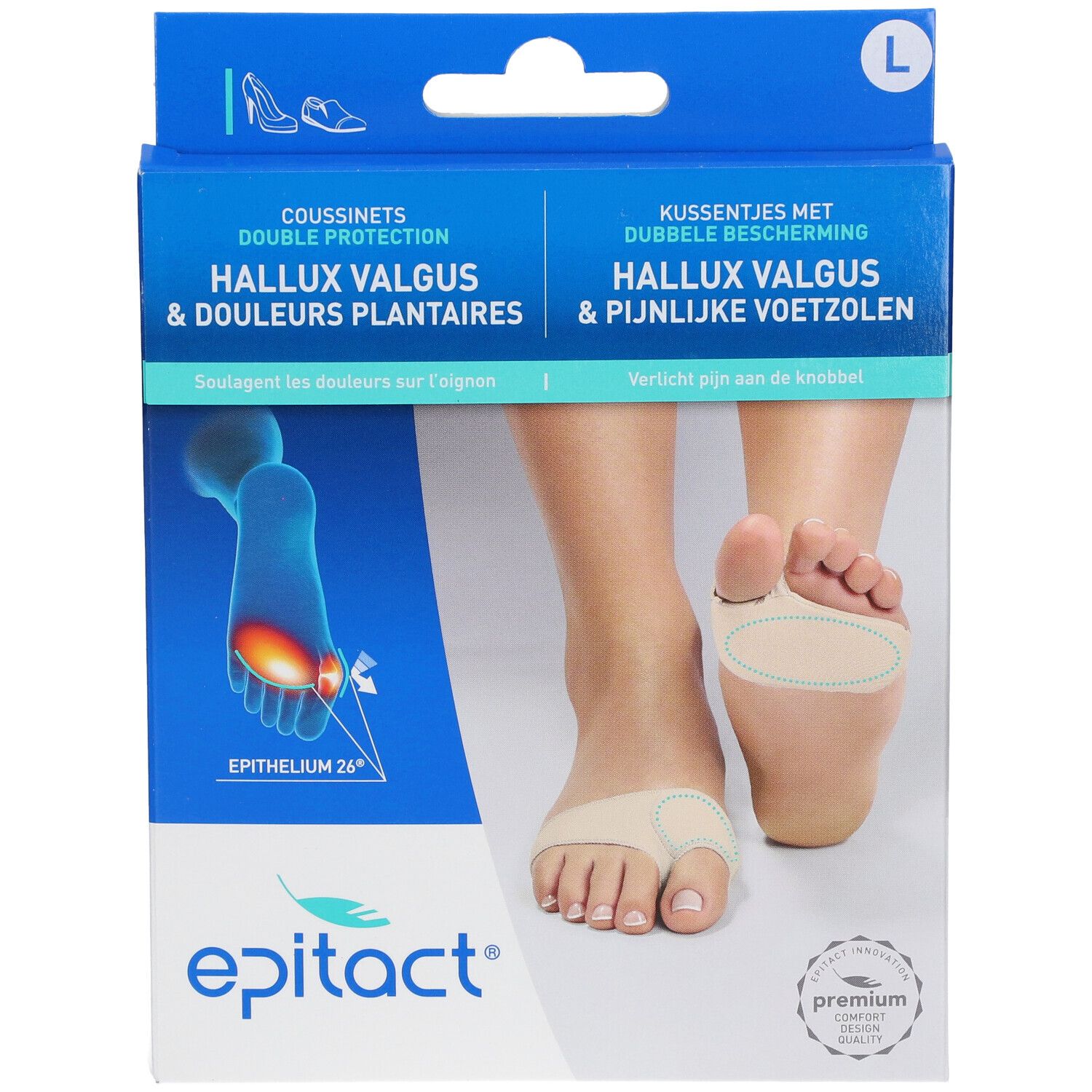 Epitact Hallux Valgus Schutz Verpackung, Gr. L. Produktabbildung und Fuß mit Schutz. Text: Hallux Valgus & Schmerzen. Premium-Siegel.