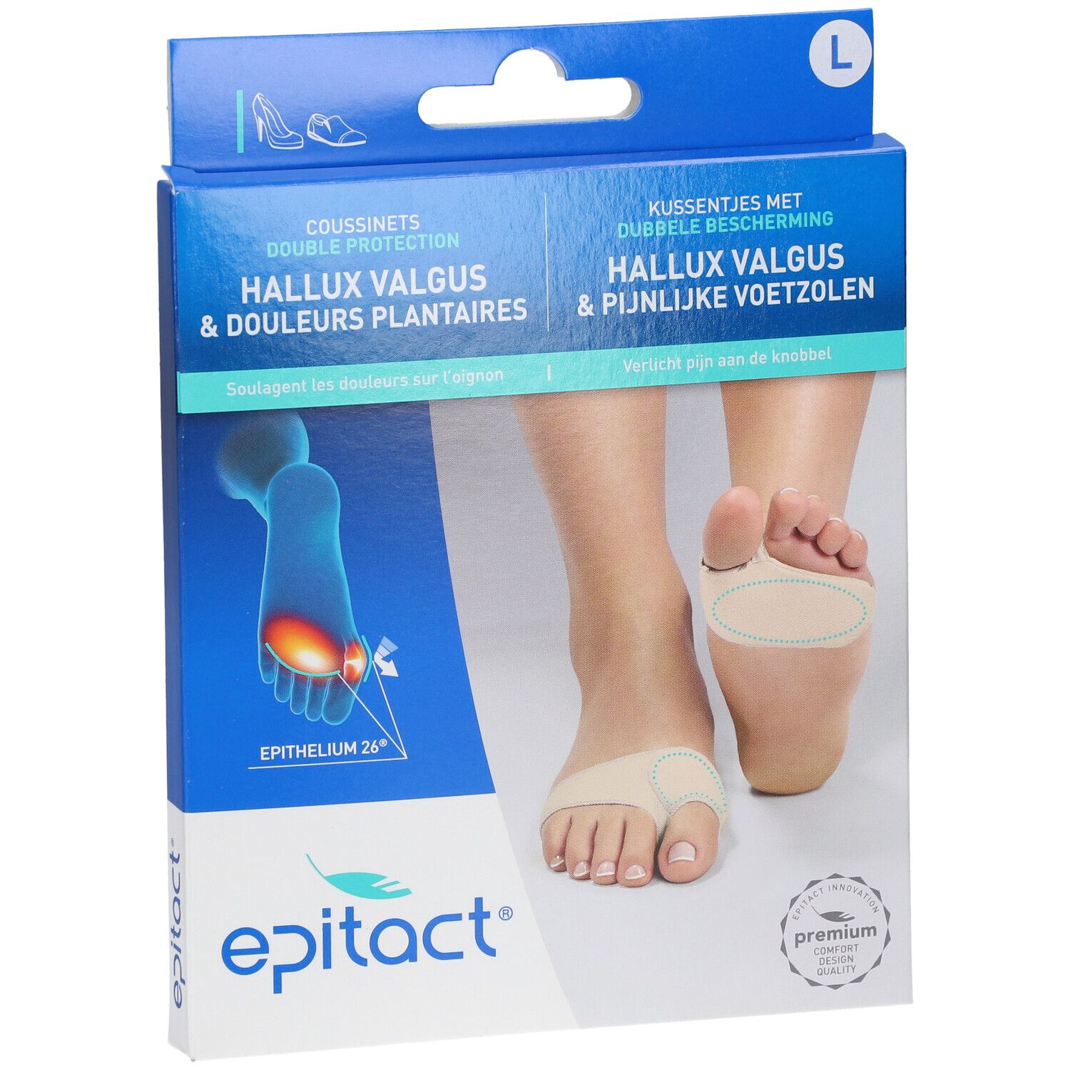 Epitact Hallux Valgus Schutz Verpackung, Gr. L. Produktabbildung und Fuß mit Schutz. Text: Hallux Valgus & Schmerzen. Premium-Siegel.