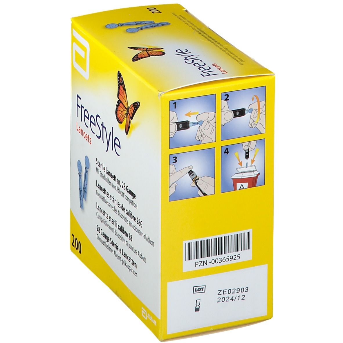 Gele doos "FreeStyle Lancets" met 200 lancetten. Achterkant met instructies en PZN-code. Houdbaarheidsdatum.