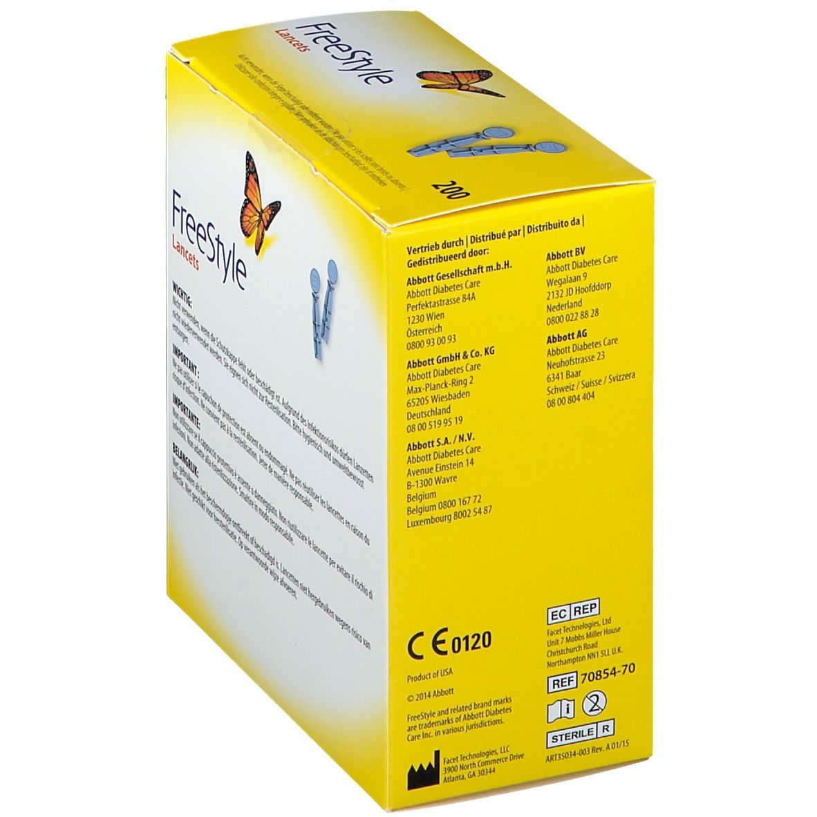 Gele doos "FreeStyle Lancets" met 200 lancetten. Fabrikantinformatie, CE-markering en REF-nummer.