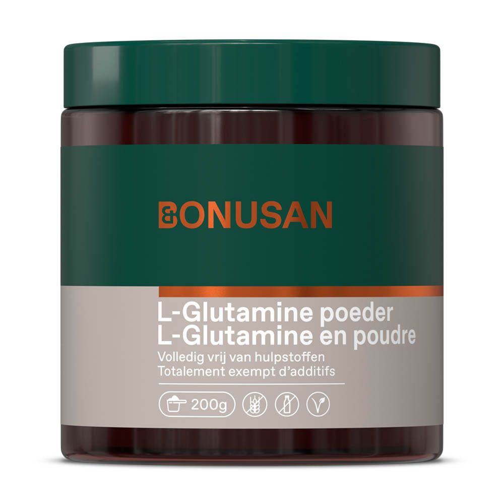 Pot brun avec couvercle vert. Inscription: L-Glutamine en poudre, Bonusan. 200g.