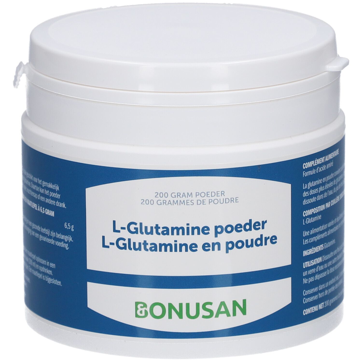 Weißer Behälter mit blauem Etikett. Aufschrift: L-Glutamin Pulver, Bonusan. 200 Gramm.
