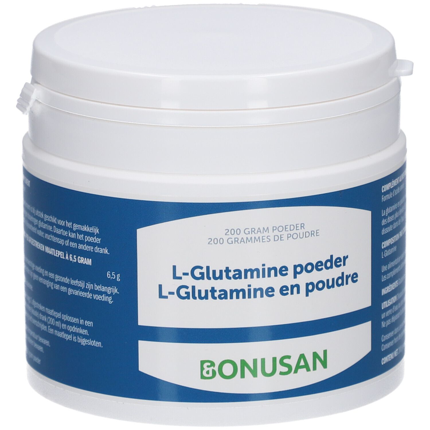 Weißer Behälter mit blauem Etikett. Aufschrift: L-Glutamin Pulver, Bonusan. 200 Gramm.