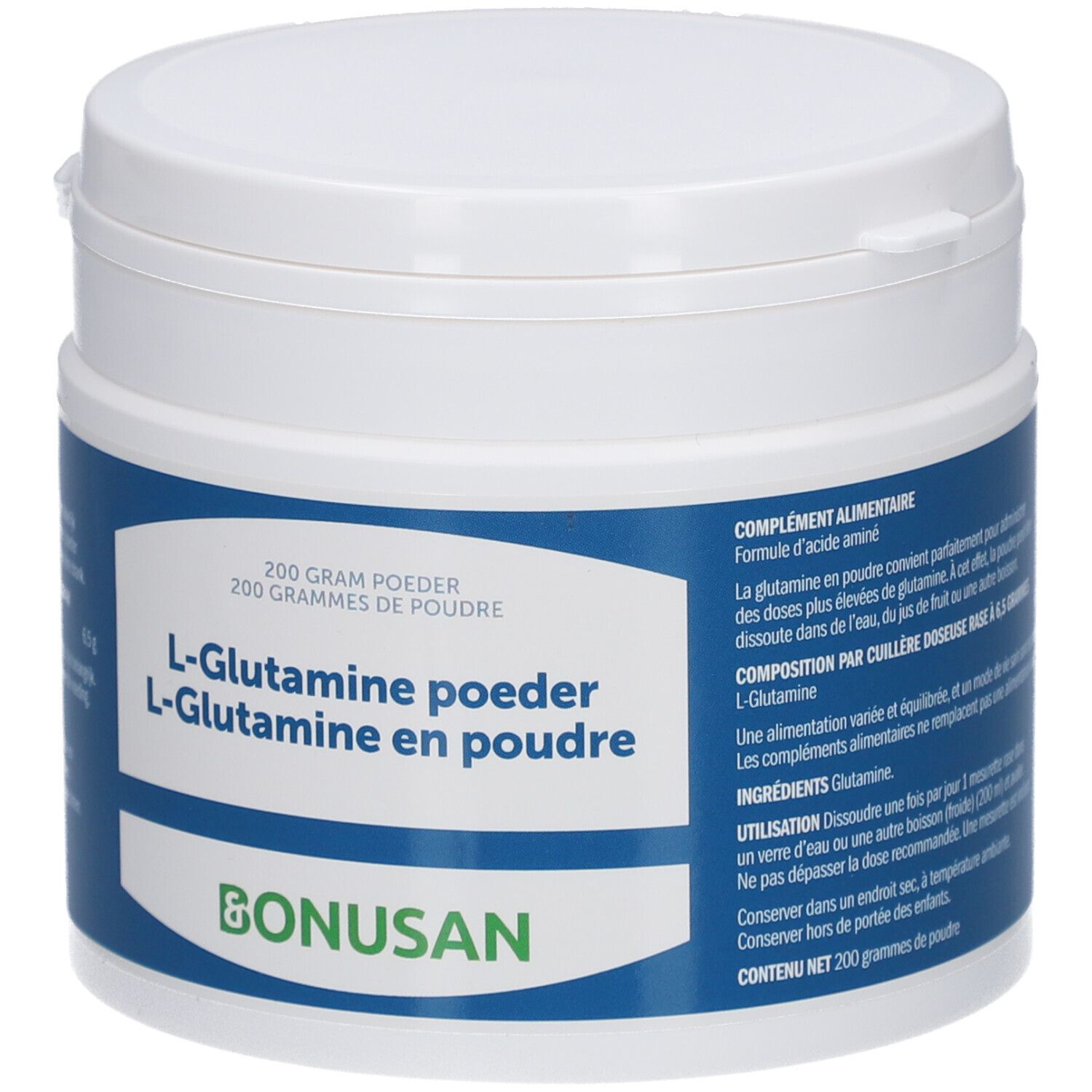 Weißer Behälter mit blauem Etikett. Aufschrift: L-Glutamin Pulver, Bonusan. 200 Gramm.