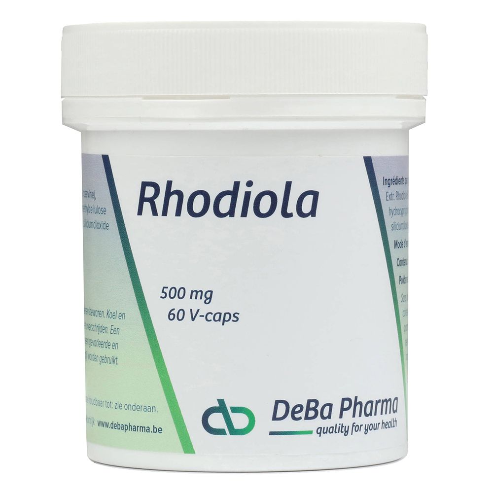 Weiße Dose mit Rhodiola Extrakt. Aufschrift: 500 mg, 60 V-caps. DeBa Pharma Logo.