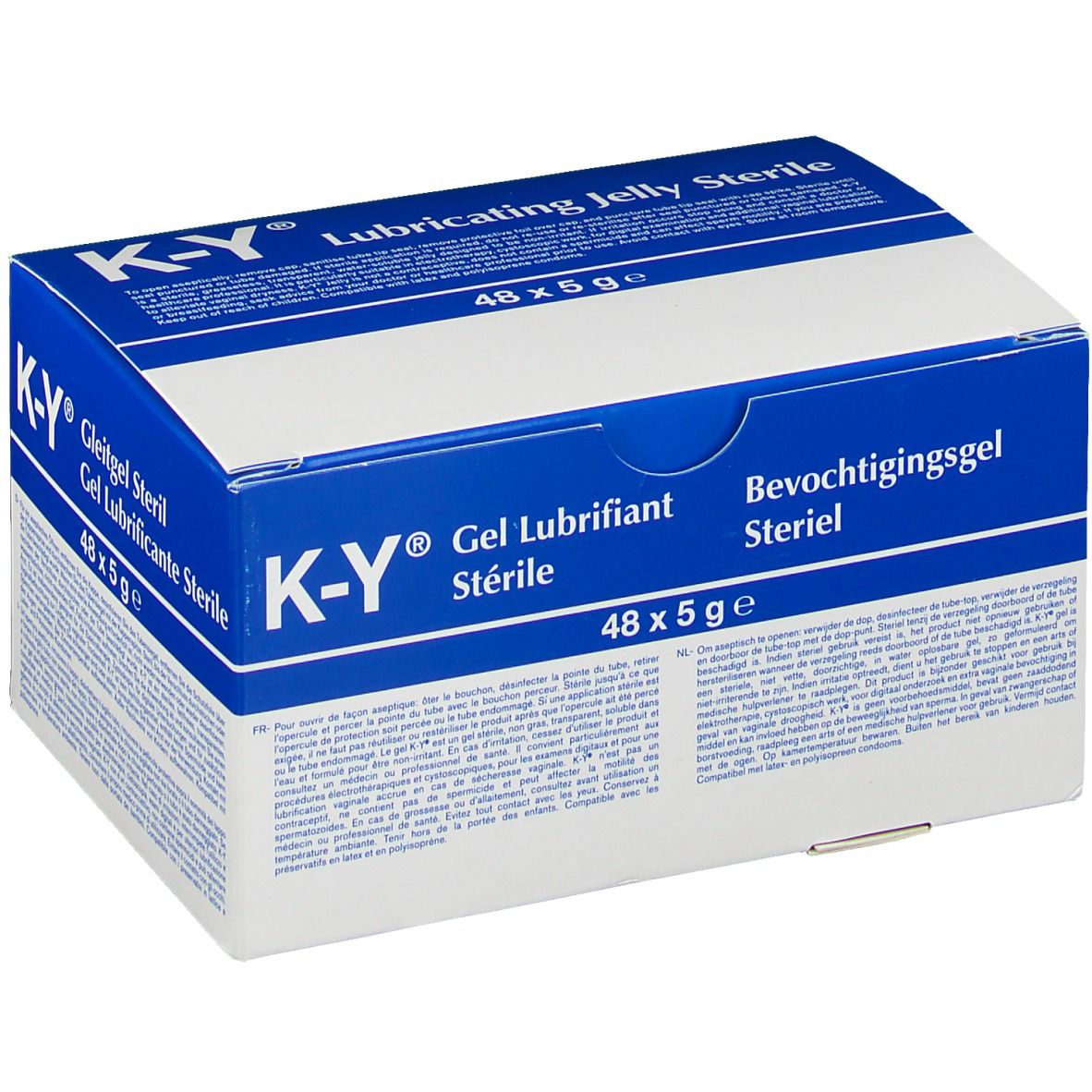 Boîte K-Y, blanc et bleu. Inscription : Gel Lubrifiant Stérile, 48 x 5 g. Stérile.