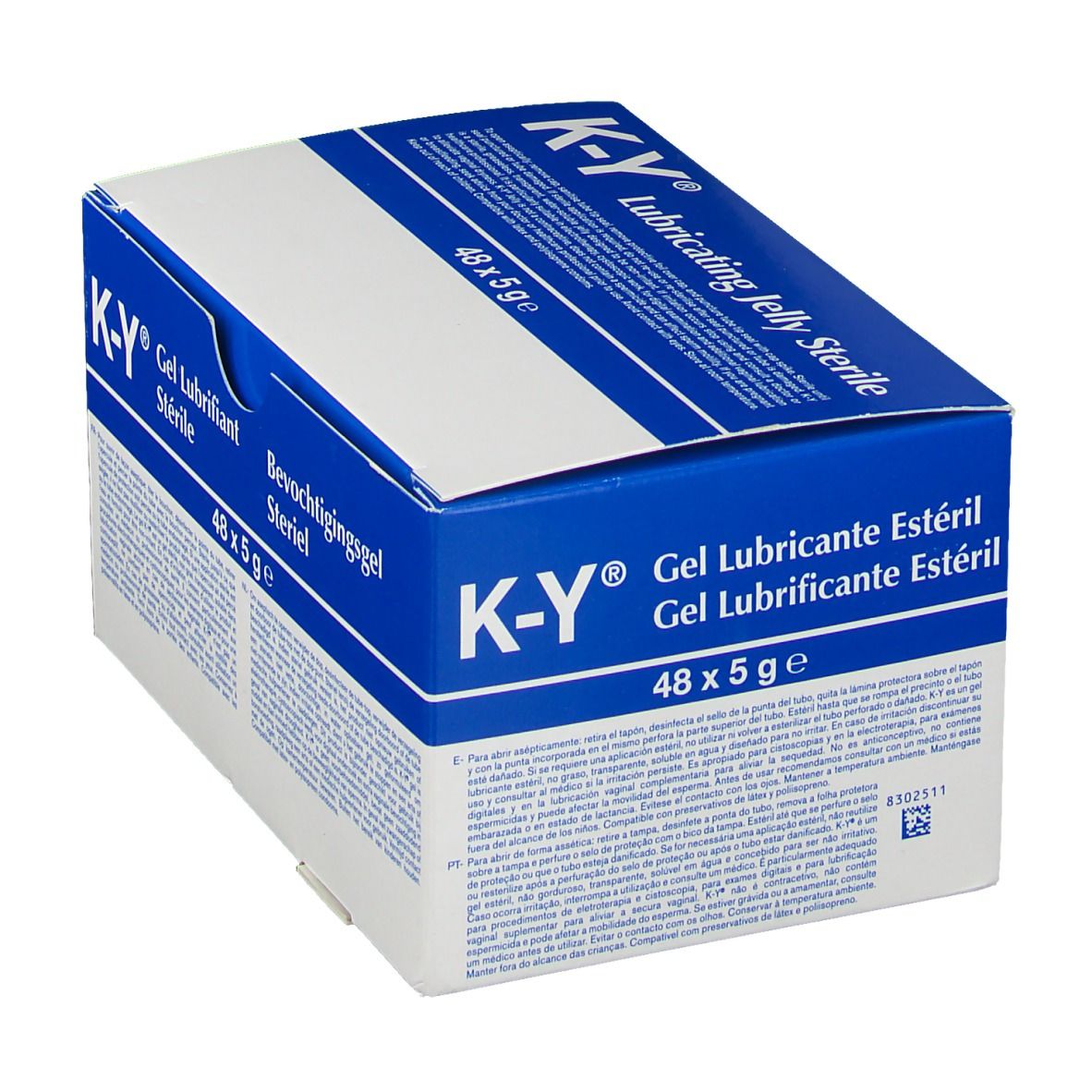 Boîte K-Y, blanc et bleu. Inscription : Gel Lubrifiant Stérile, 48 x 5 g. Stérile.