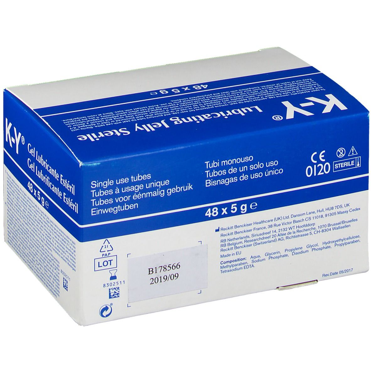 Boîte K-Y, blanc et bleu. Inscription : Gel Lubrifiant Stérile, 48 x 5 g. Stérile. Tubes à usage unique.
