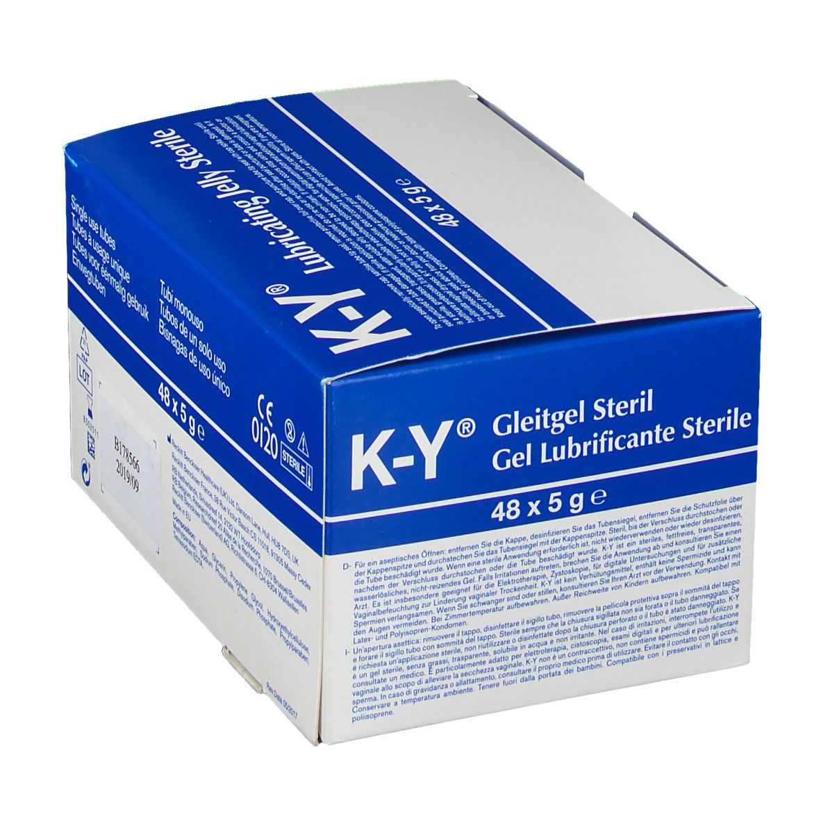 Boîte K-Y, blanc et bleu. Inscription : Gel Lubrifiant Stérile, 48 x 5 g. Stérile.
