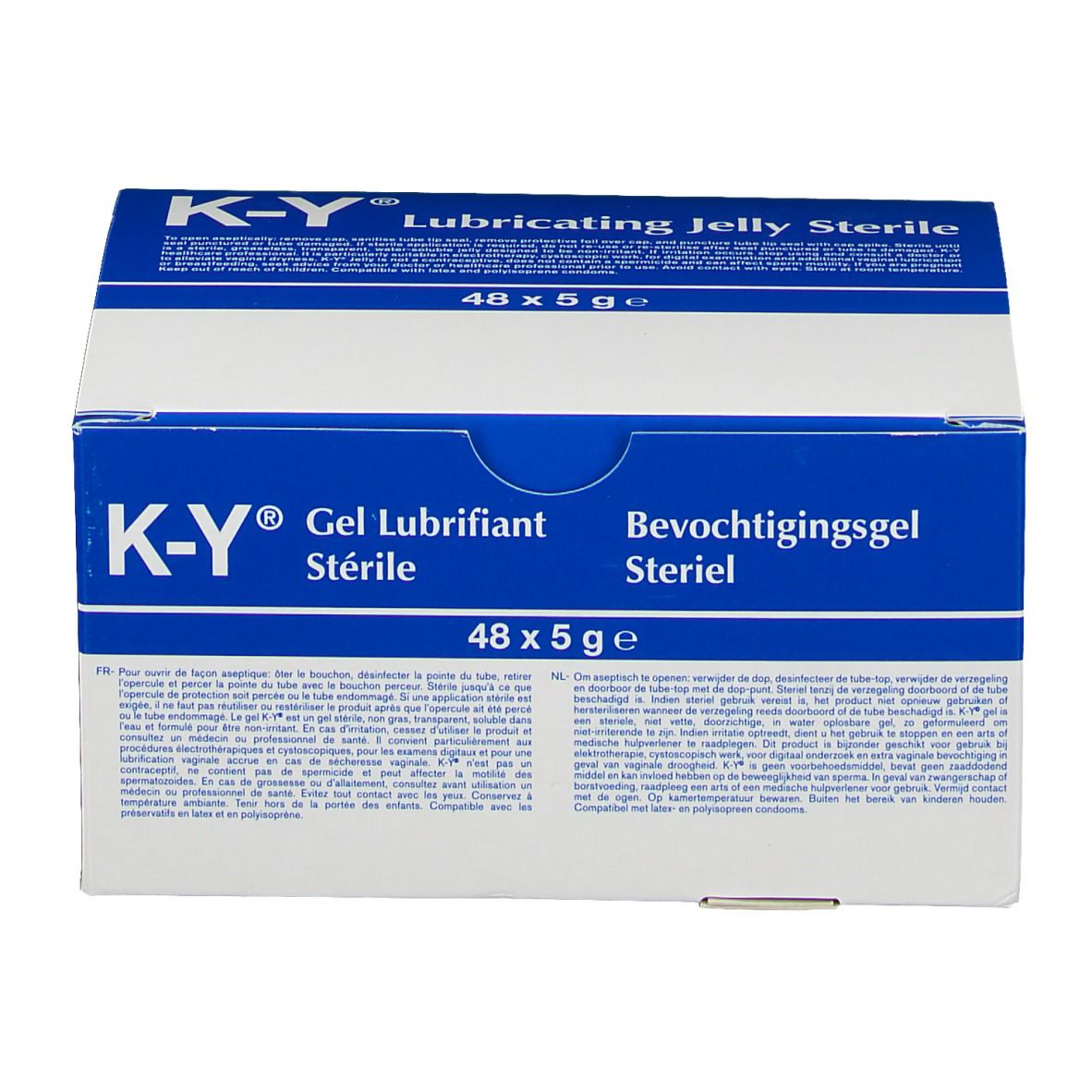 Boîte K-Y, blanc et bleu. Inscription : Gel Lubrifiant Stérile, 48 x 5 g. Stérile.