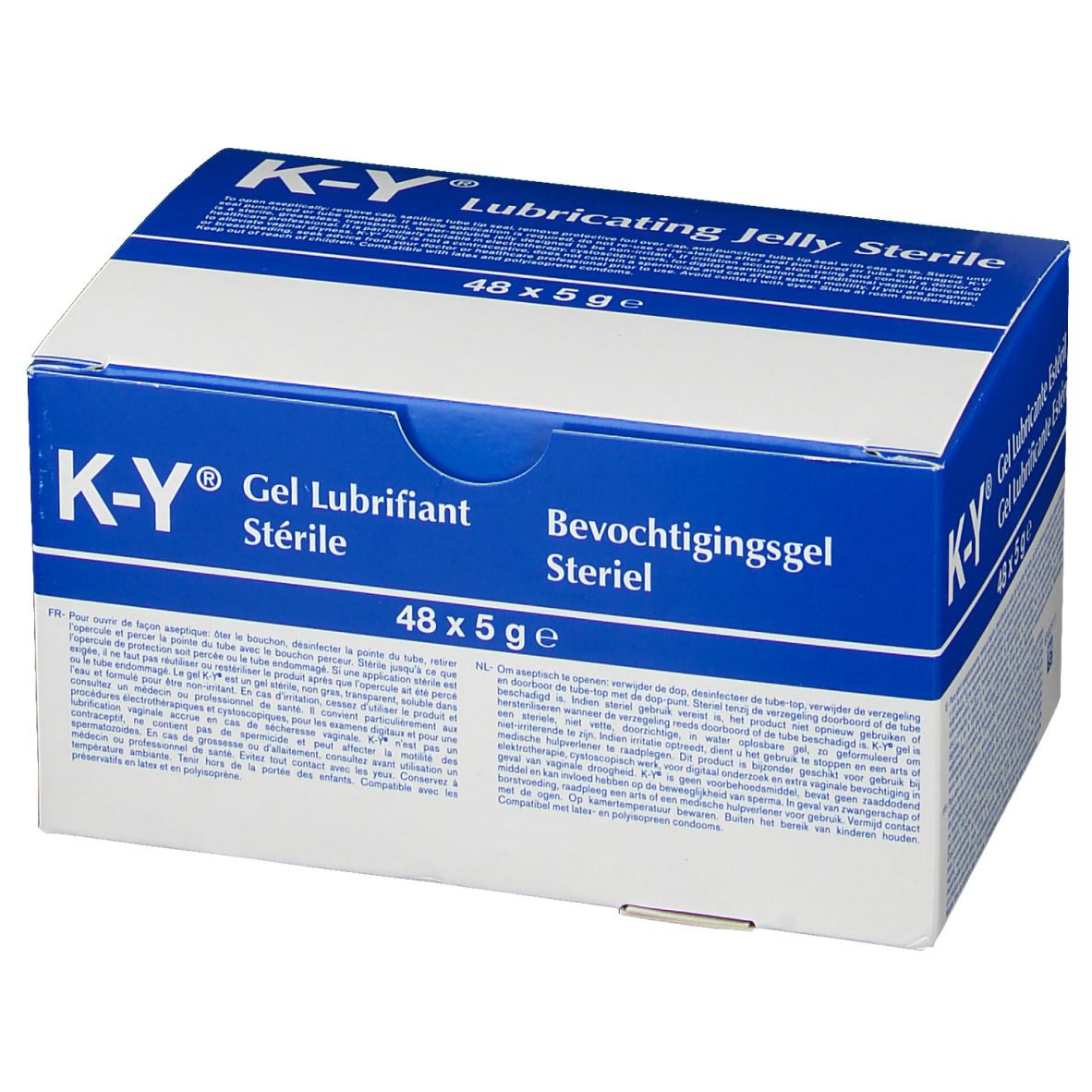 Boîte K-Y, blanc et bleu. Inscription : Gel Lubrifiant Stérile, 48 x 5 g. Stérile.
