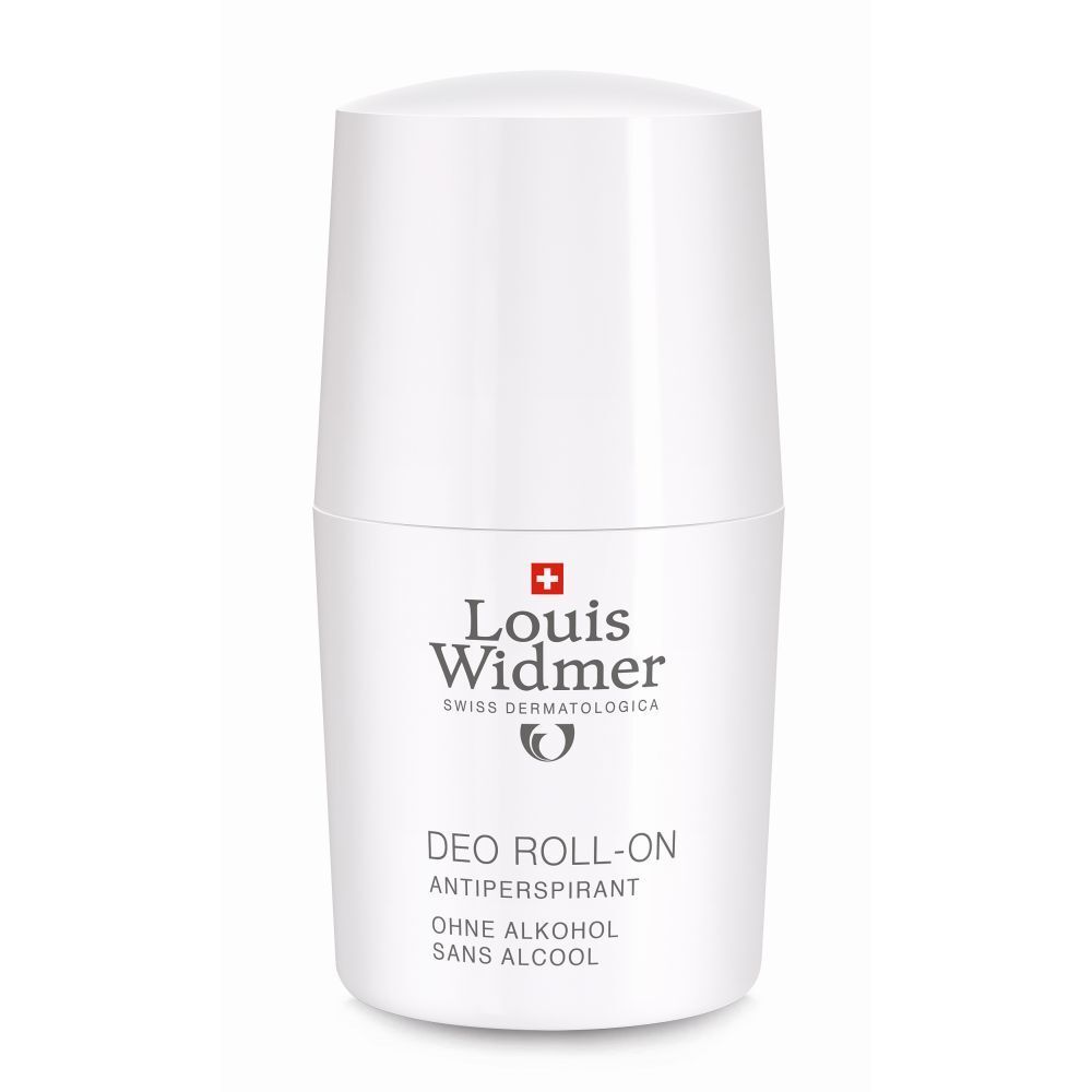 Roll-on déodorant blanc Louis Widmer. Croix rouge et texte. Sans alcool.