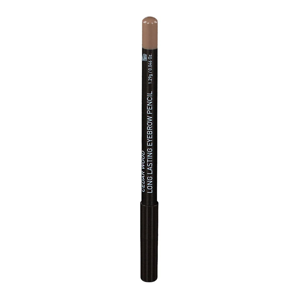 Bruin wenkbrauwpotlood met zwarte schacht. Opschrift: Cedar Wood Long Lasting Eyebrow Pencil.