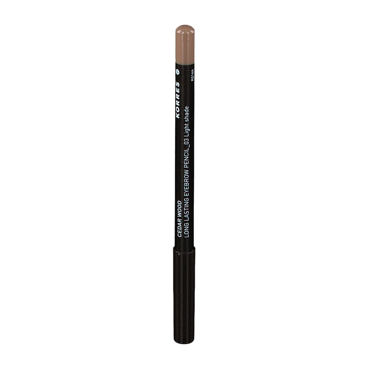 Bruin wenkbrauwpotlood met zwarte schacht. Opschrift: KORRES, Cedar Wood Long Lasting Eyebrow Pencil, 03 Light shade.